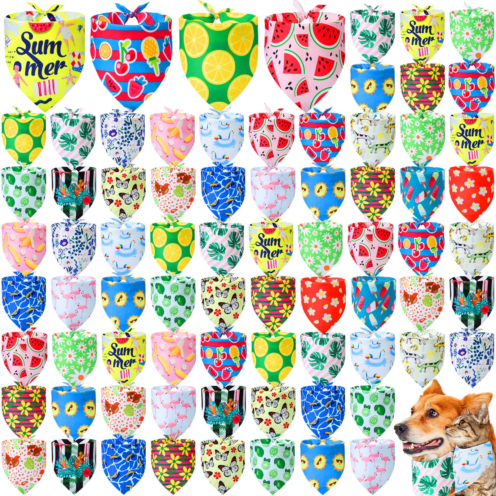 Locmeo 100 Pcs Summer Bandanas for Dog Bulk Summer Flower Lemon Dog Bandanas Adjustable Pet Bibs Triangle Scarf Holiday Costume for Small Medium Pet Puppy Cat