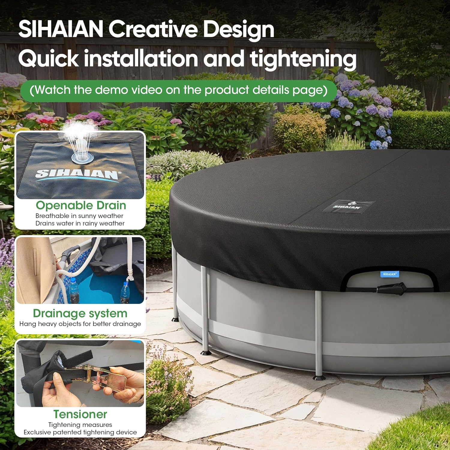 SIHAIAN 14 Ft Round Pool Cover, with Automatic Drain Pool Cover, Patented One-Piece Tensioning System Above Ground Pool Cover, Preventing Waterlogging, Yarn-Dyed Oxford Fabric Solar Pool Cover