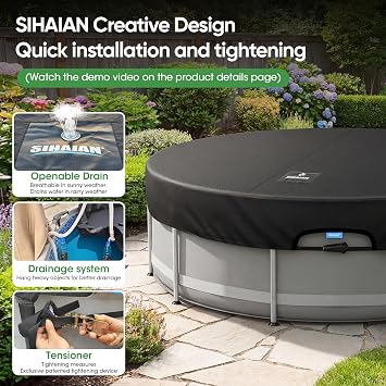 SIHAIAN 12 Ft Round Pool Cover, with Automatic Drain Pool Cover, Patented One-Piece Tensioning System Above Ground Pool Cover, Preventing Waterlogging, Yarn-Dyed Oxford Fabric Solar Pool Cover