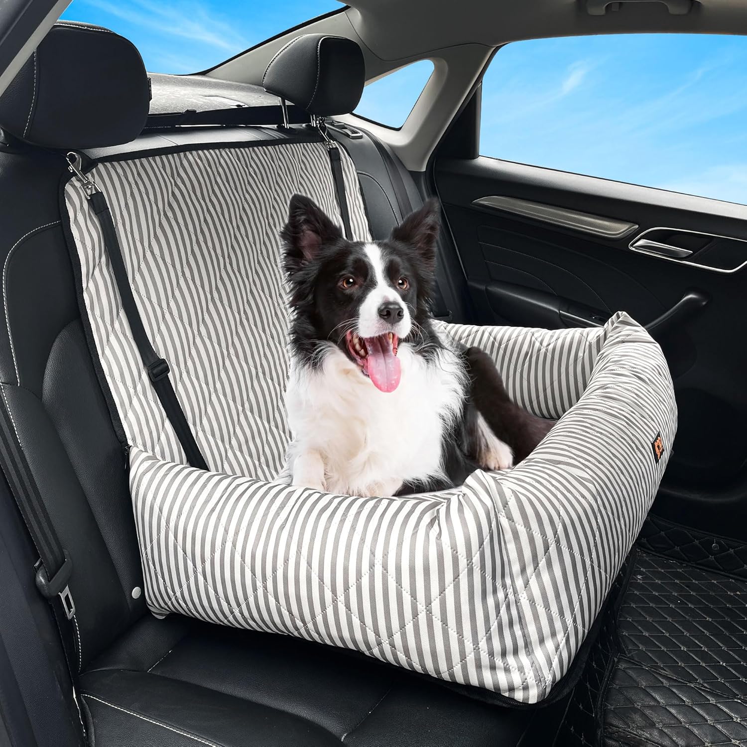 Dog Car Seat for Small/Medium Dogs, 2-in-1 Booster Seat & Pet Sofa Bed, Removable Washable Portable Car Travel Bed (Stripes-L-Grey)