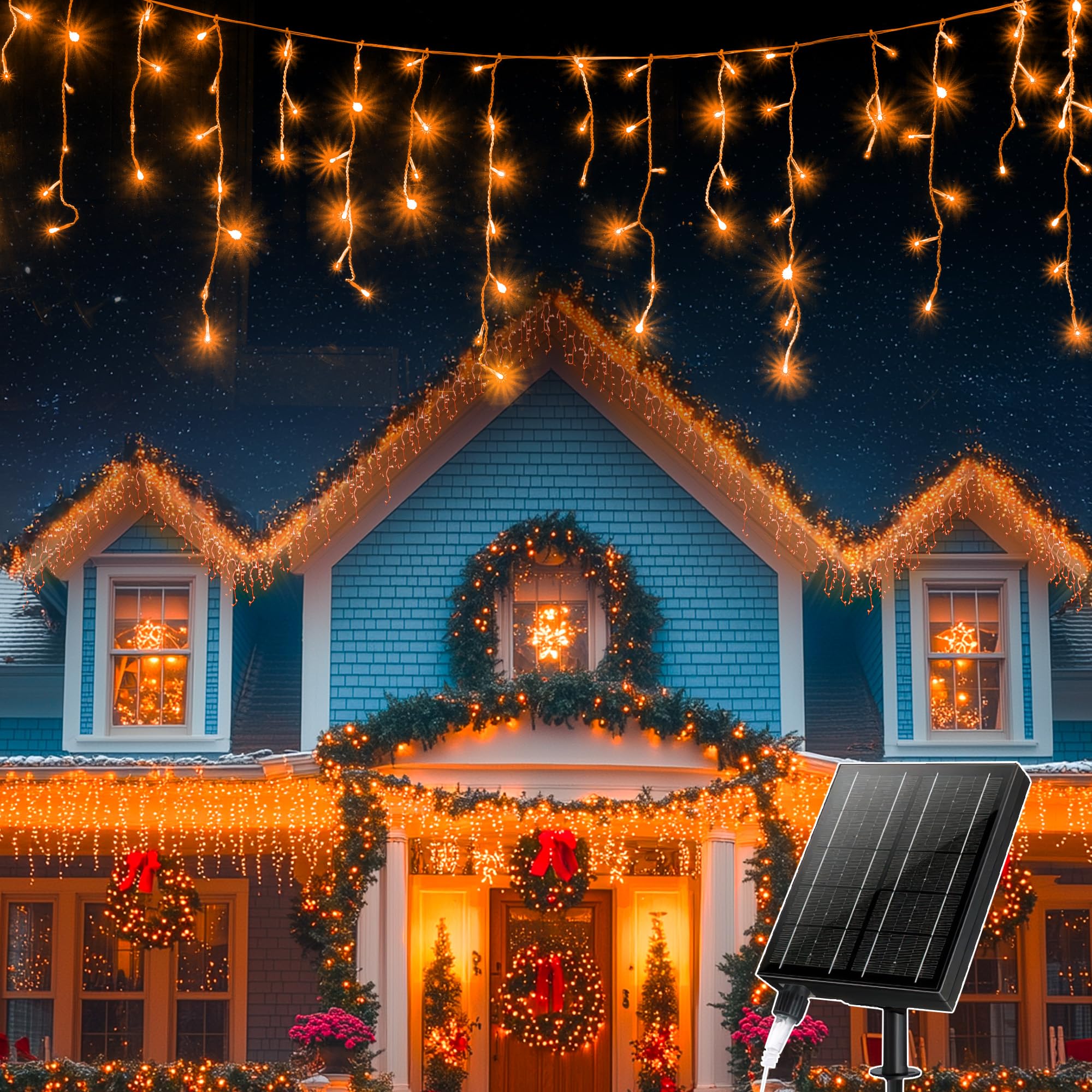 XZAI Solar Icicle String Lights 800LED 50FT Warm White Remote Connectable 2400mAh USB Rechargeable 8 Modes Timer Dimmable IP65 Waterproof Twinkle for Outdoor Christmas & Wedding & Party Decors