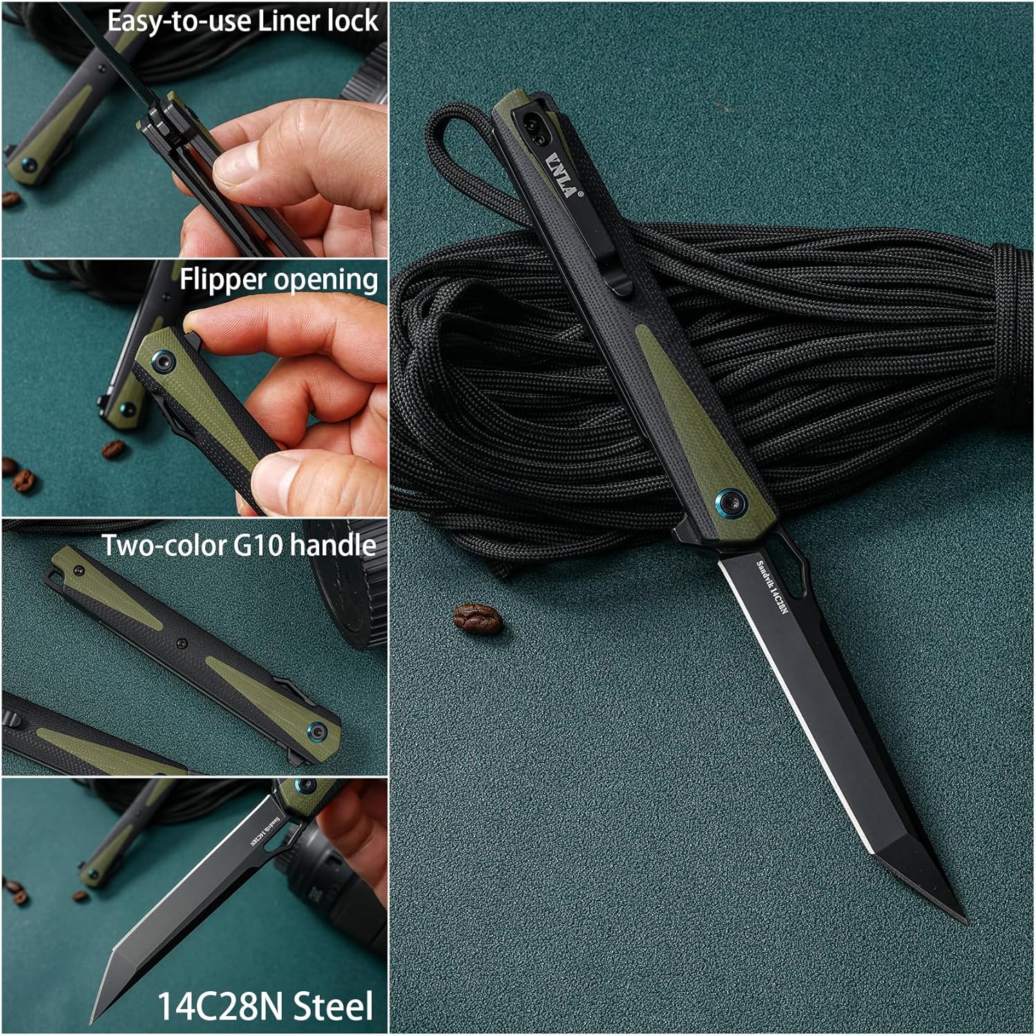VNLA Folding Pocket Knife,Featuring 3.62in 14C28N Steel Tanto Point blade and a 4.52in G10 handle with a Deep Carry Pocket Clip,foldableand Flipper Open.Lightweight Slim Utility Knives