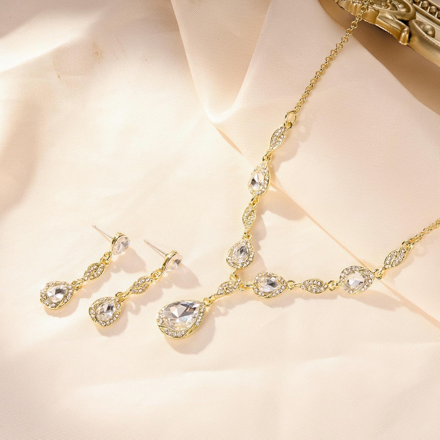 EleQueen Women's Wedding Statement Crystal Teardrop Y-Necklace Earrings Jewelry Set for Brides Bridesmaid, for Prom Party