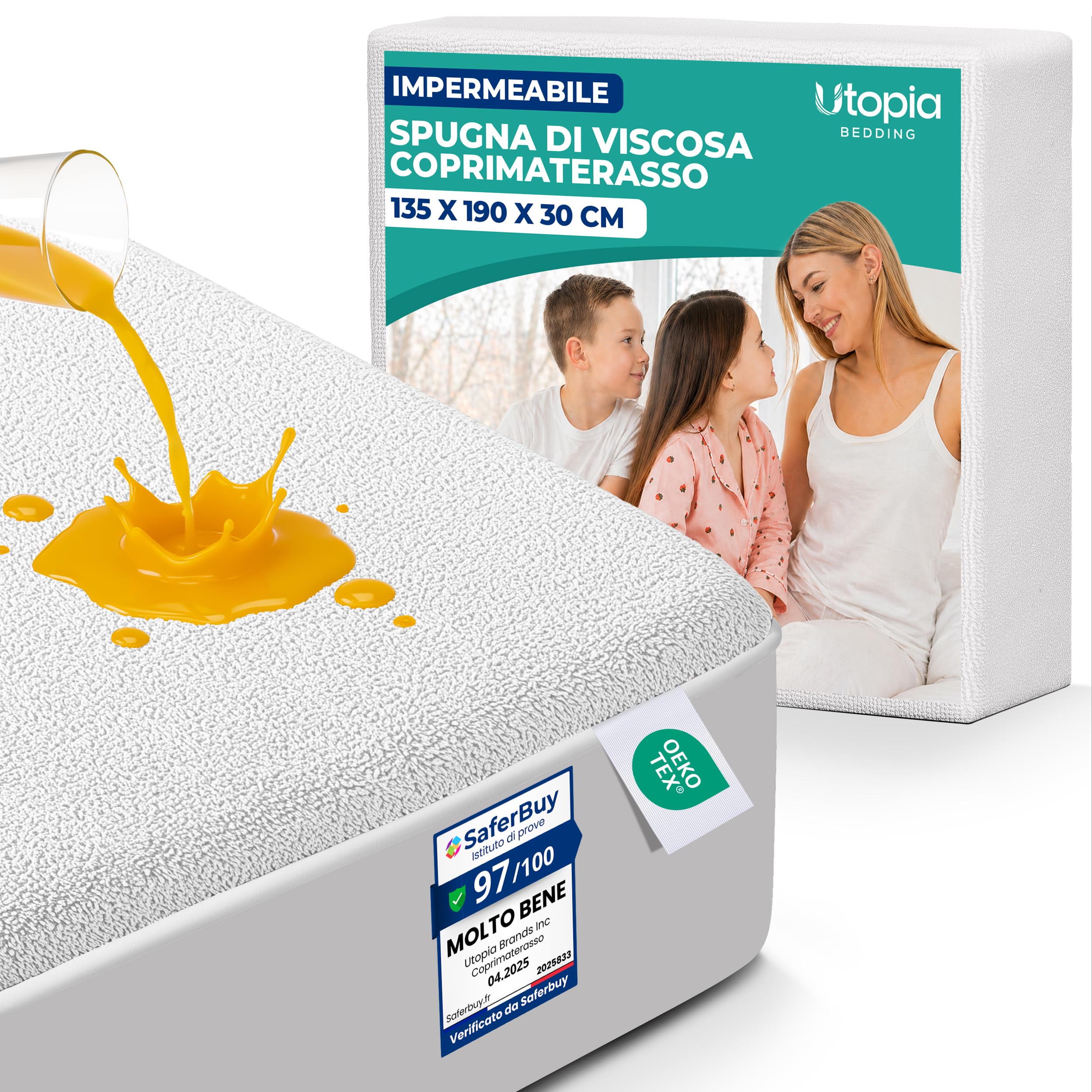 Coprimaterasso Impermeabile in Spugna di Viscosa 135 x 190 x 30 cm | Coprimaterasso Impermeabile con Elastico a 360°, Qualità Alberghiera, Certificato Oeko-Tex – Utopia Bedding