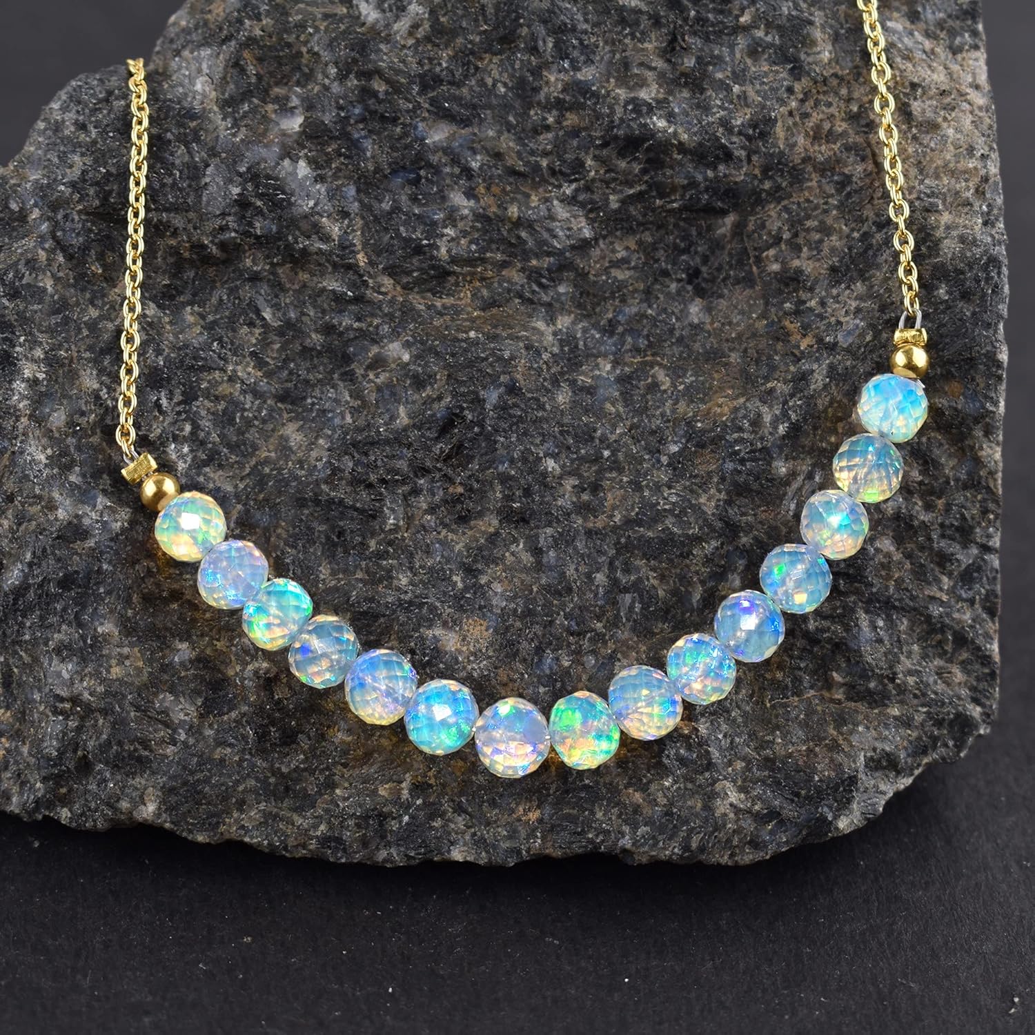 OdrillionGems 100% Natural AAA Ethiopian Opal Gemstones Dainty Bar Necklace, 14k Gold Plated - 925 Sterling Silver, Faceted Beads, Healing Crystals, Handmade, Wedding, Women Jewelry, Valentine Gifts - Image 2