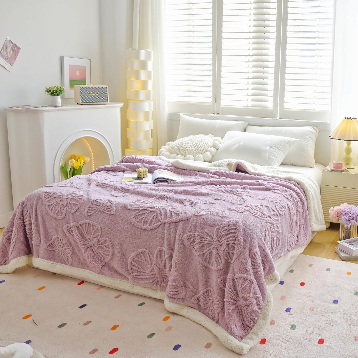 UKELER Sherpa Fleece Blanket 60 × 80 inch, Ultra Soft Twin Size Throw Blanket for All Season, Cozy Plush Butterfly Blankets for Bed Couch Sofa Office Camping, Purple - Image 2