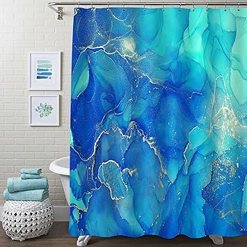 Gibelle Blue Marble Shower Curtain, Abstract Royal Blue Fabric Shower Curtain for Bathroom, Modern Ombre Watercolor Ink Art Shower Curtain Set with Hooks, 72 x 72