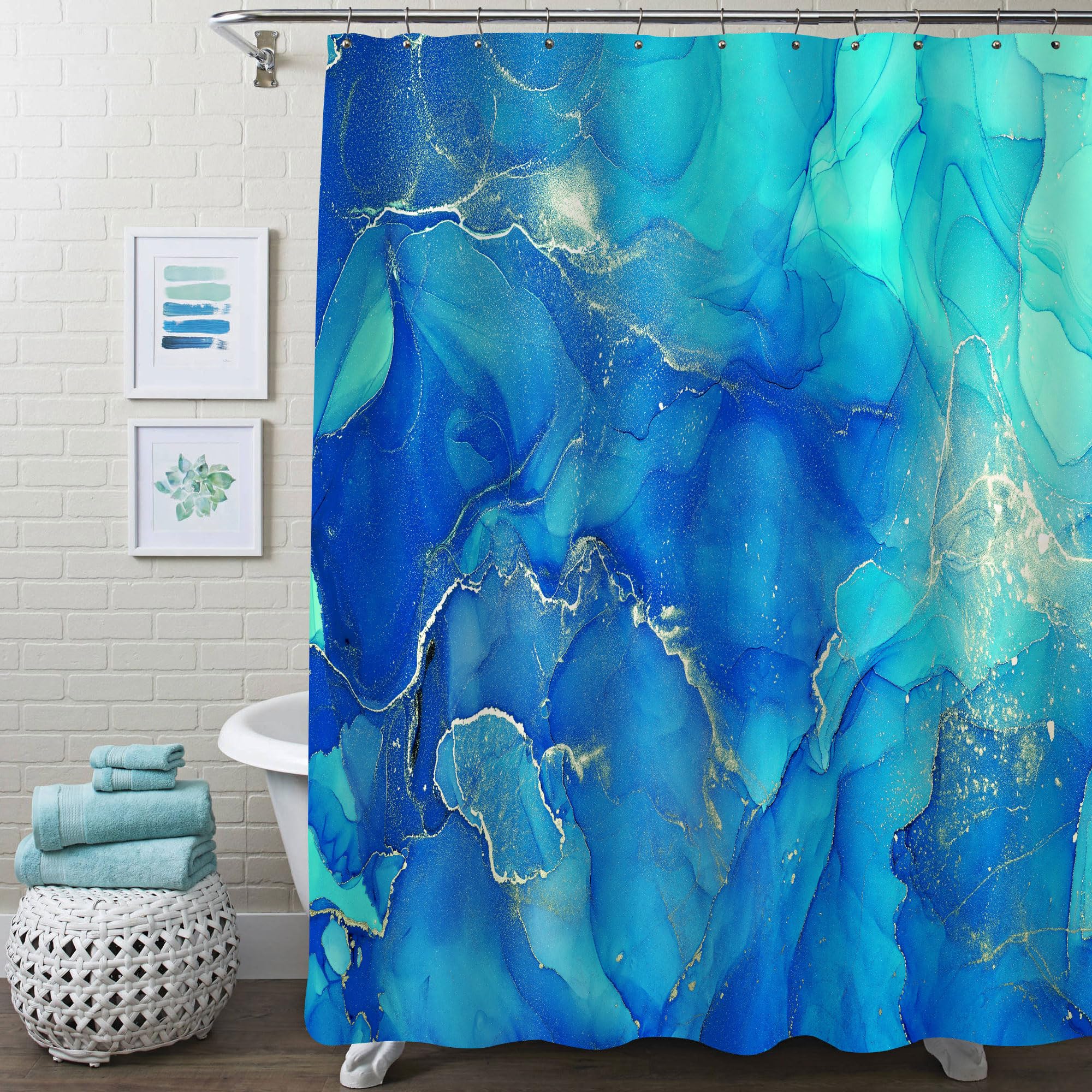 Gibelle Blue Marble Shower Curtain, Abstract Royal Blue Fabric Shower Curtain for Bathroom, Modern Ombre Watercolor Ink Art Shower Curtain Set with