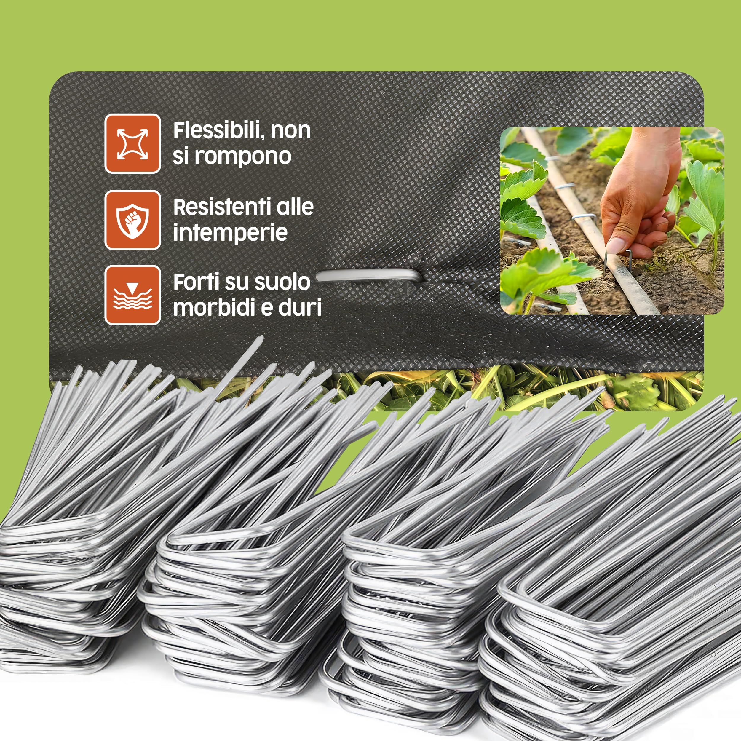 PORTENTUM Picchetti da Giardino 500 pz + 80 Rondelle - Picchetti Telo Pacciamatura, Picchetti Ancoraggio per Campeggio e Prato Sintetico, Resistenti in Acciaio Zincato