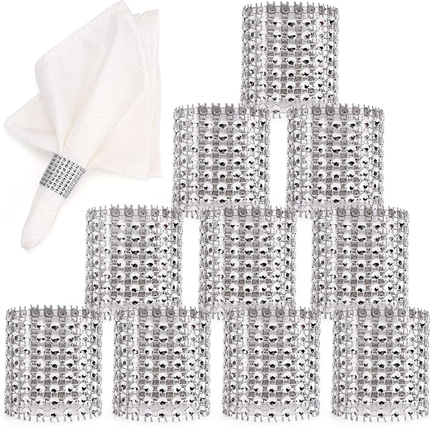 Eakor Mirilor 150pcs Napkin Rings, Bling Napkin Rings Buckles for Table Decorations, A Silver