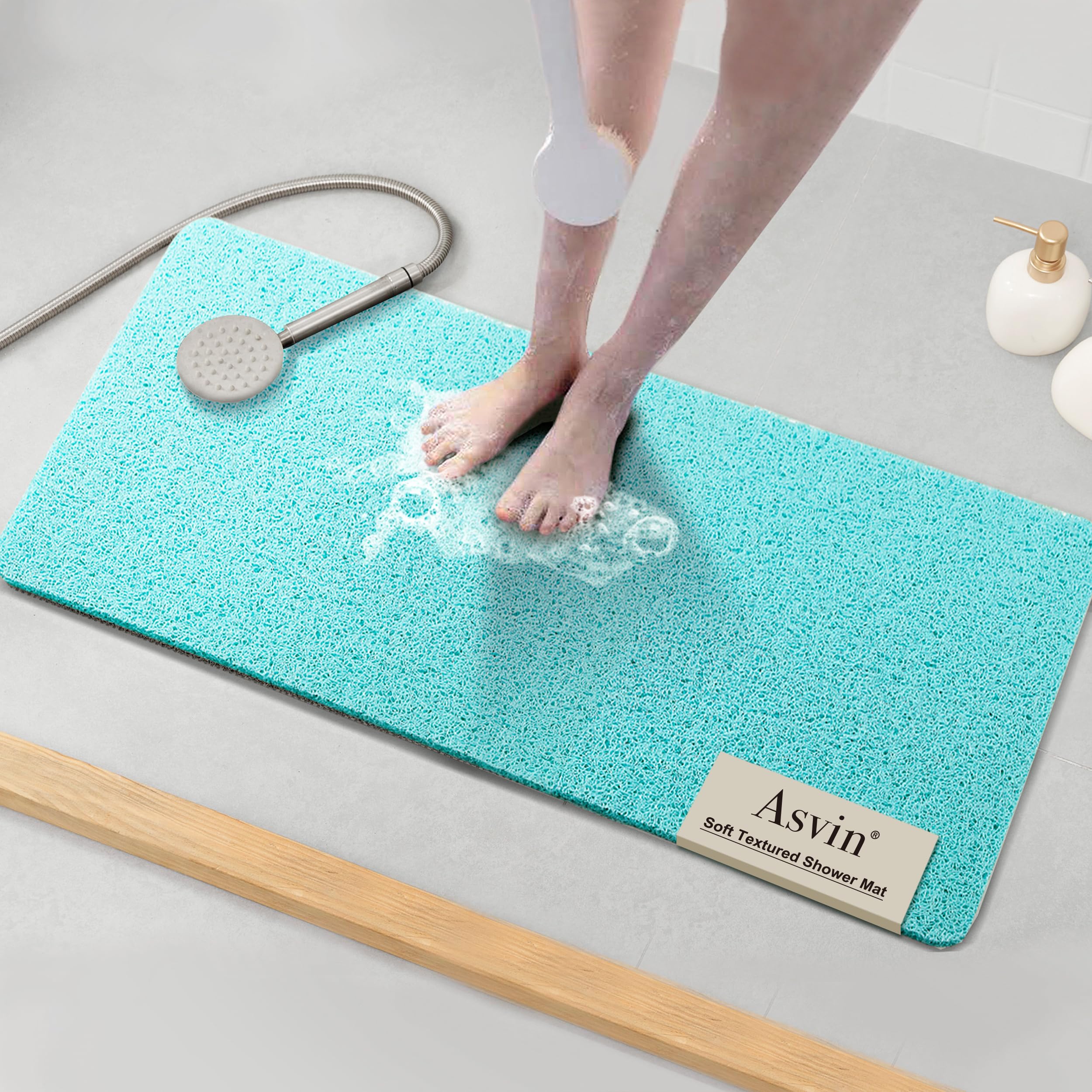 Asvin Soft Textured Bath, Shower, Tub Mat, 35x16 Inch, Phthalate Free, Non Slip Comfort Bathtub Mats with Drain, PVC Loofah Bathroom Mats for Wet Areas, Quick Drying, Green