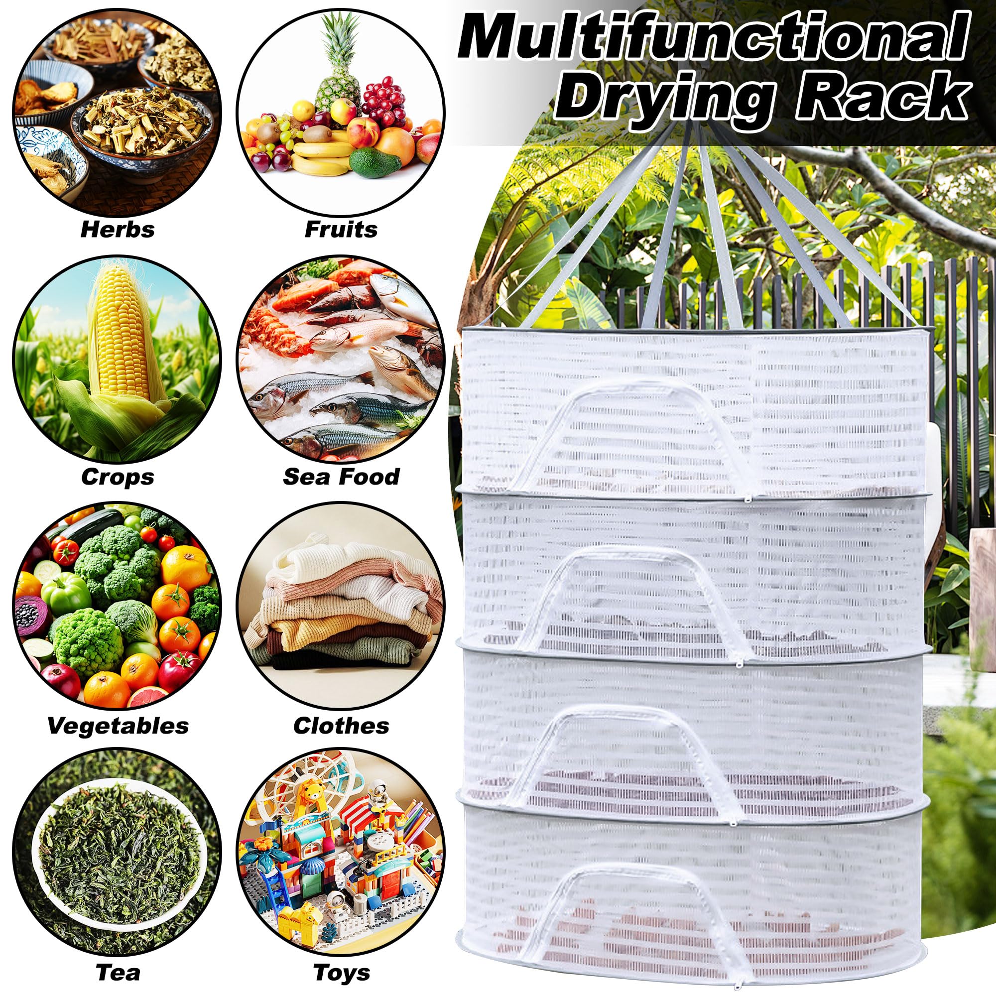 TONIJAWES Étagère Séchage D'herbes Filet Étagère Blanc 4 étages Séchage Herbes Suspension Pliable Avec Fermeture Glissière Idéal Pour Sécher Fleurs, Poisson,Viande,Herbes Fruits