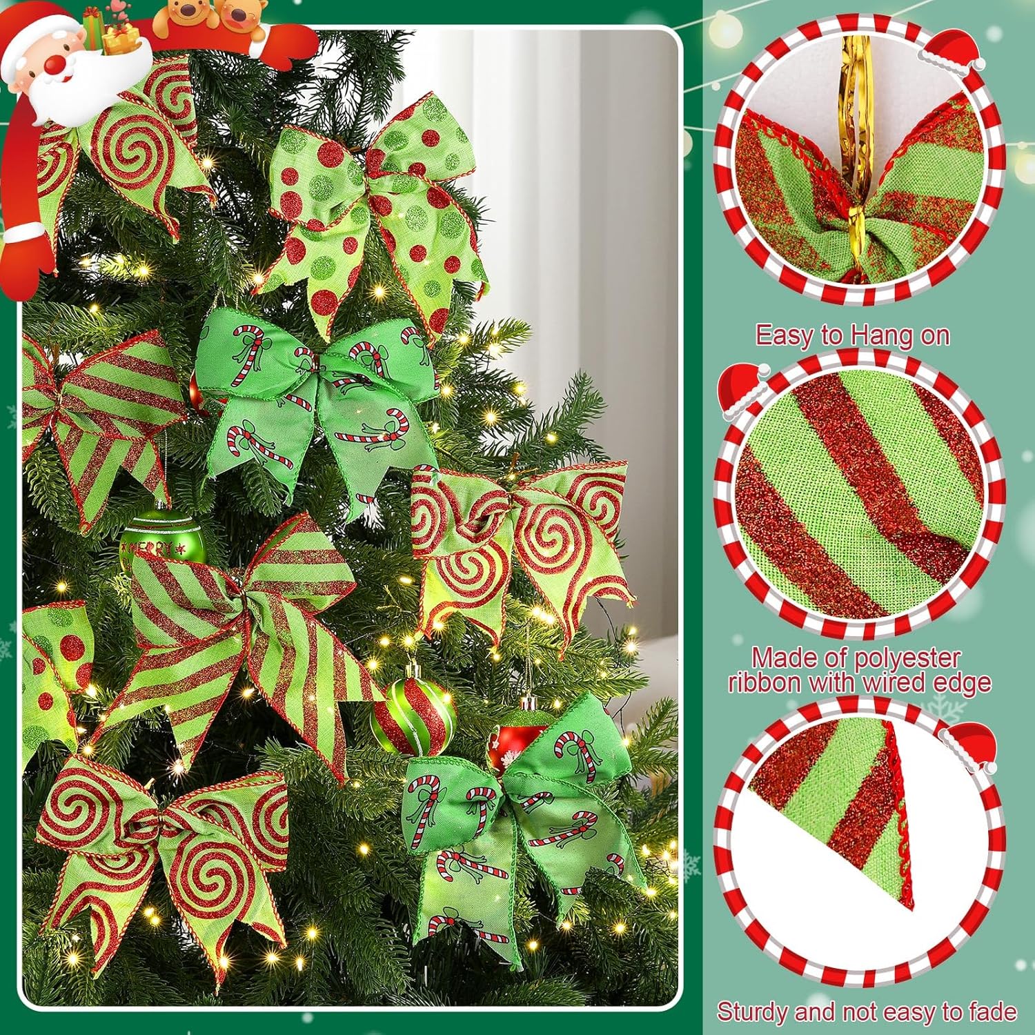 12 Pcs Red Green Christmas Bows,6 Inch Christmas Tree Decorations,4 Styles Green Bows for Xmas Tree Wreaths Decoration Enhancements - Image 4