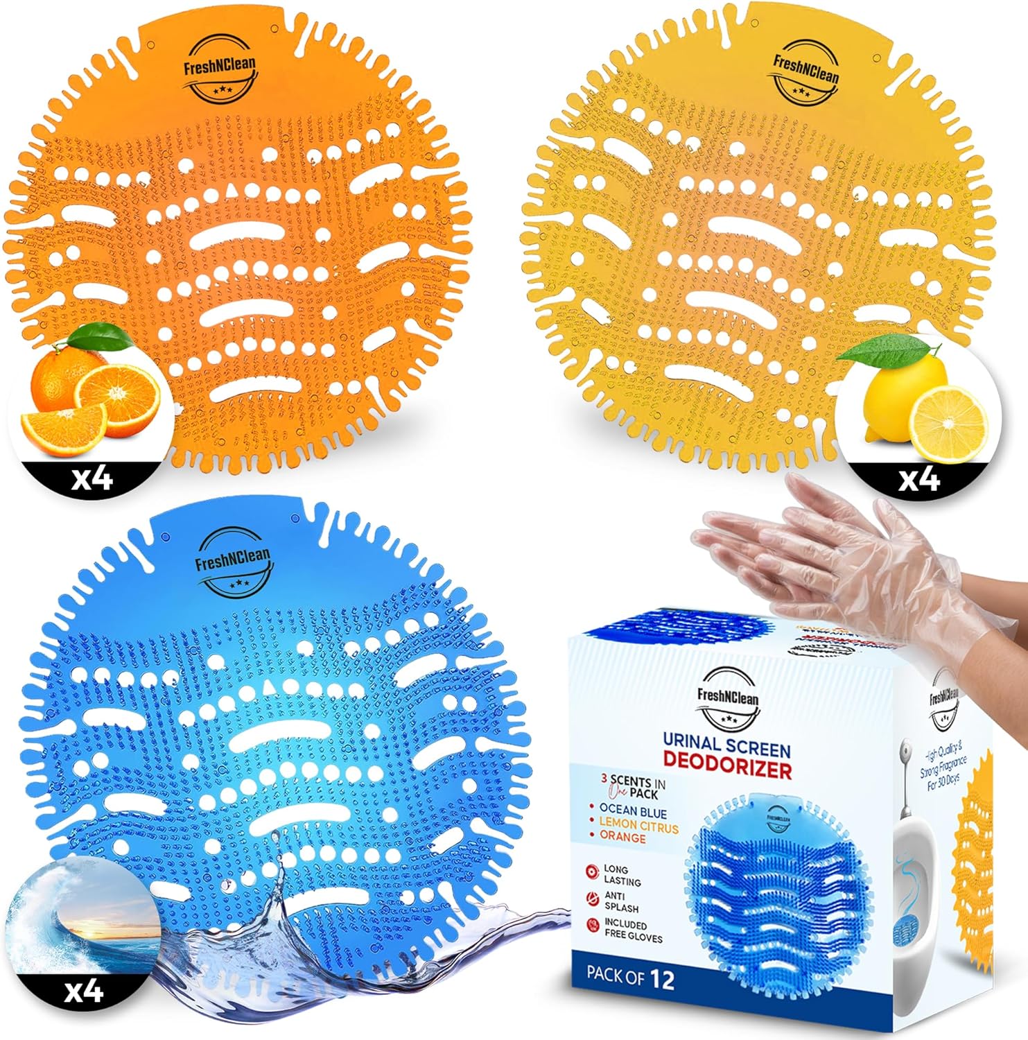 Urinal Screen Deodorizer - (12 Pack) Anti-Splash Urinal Cakes - Odor Protection Urinal Screens - Long-Lasting Urinal Deodorizers for Bathrooms in Offices, Schools and Stadiums - Free Gloves Included
