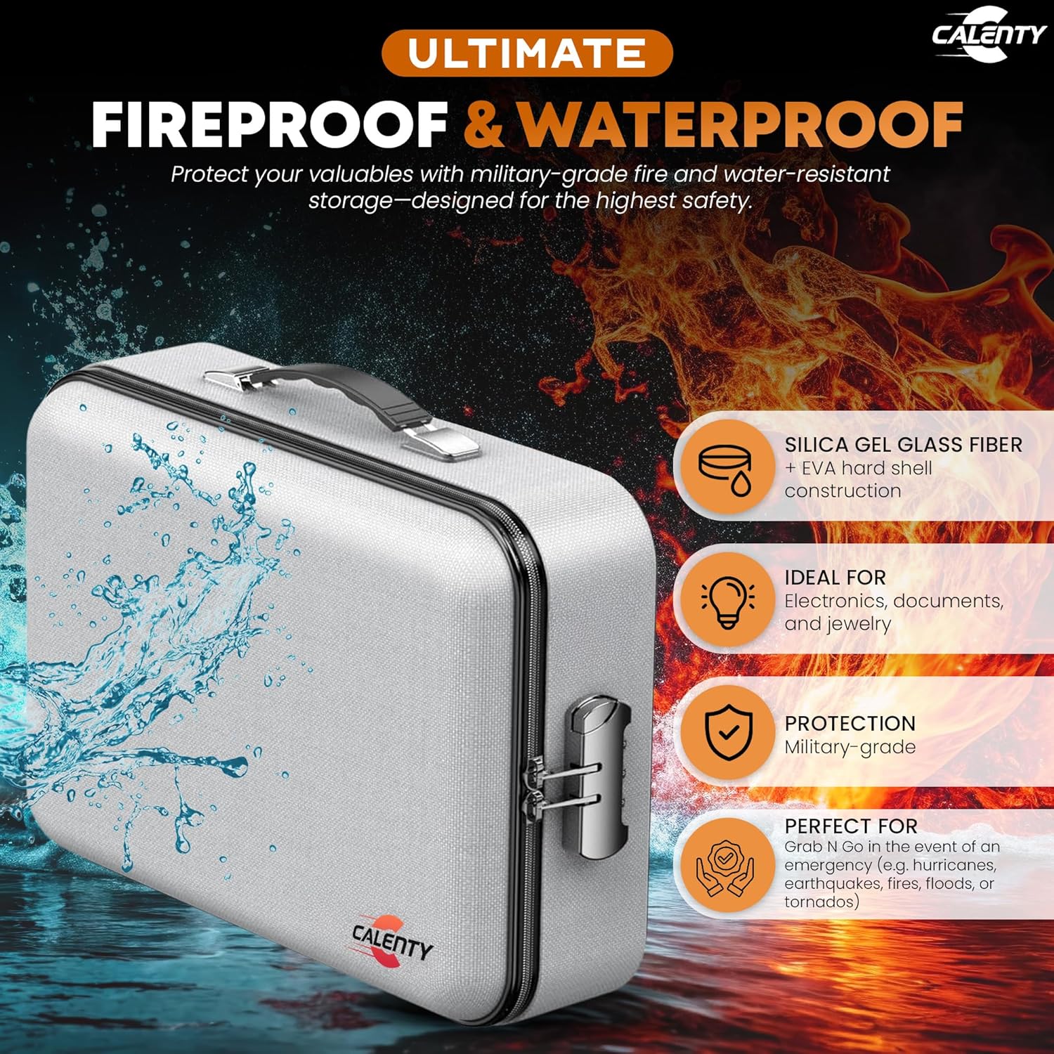 Fire Safe Document Box (Hard Shell) with Lock, 8GB USB & Waterproof Zipper, 12-Layer Fire proof Document Box for Important Documents, Certificates, Laptop & Passports (White)