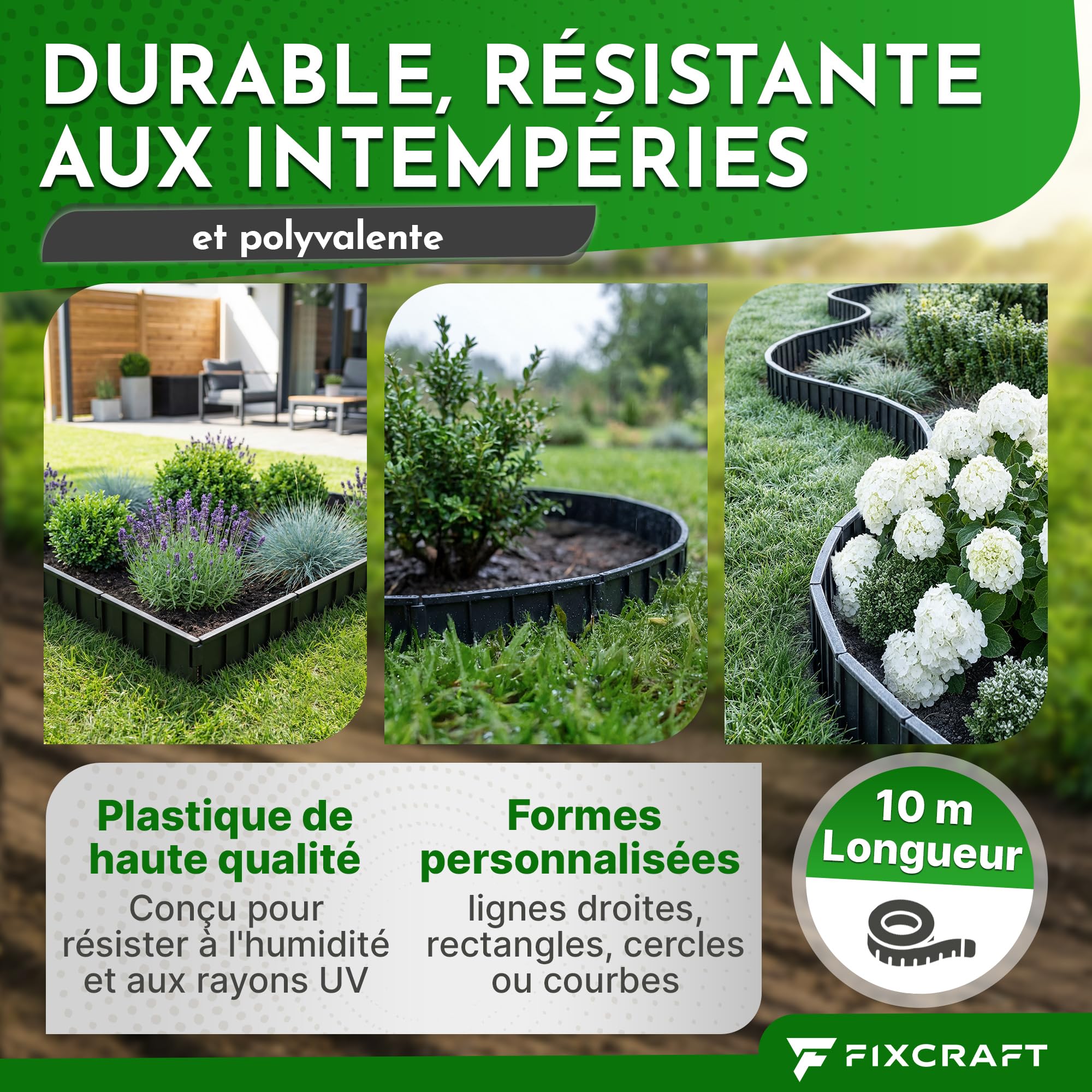 Bordure de Jardin 10m [15cm Hauteur] - Bordure Pelouse Plastique | Bordure flexible pour Pelouse, Massif, Allée | Extra stable, anti-pli, Tête de Frappe large | Sûr pour Robot Tondeuse