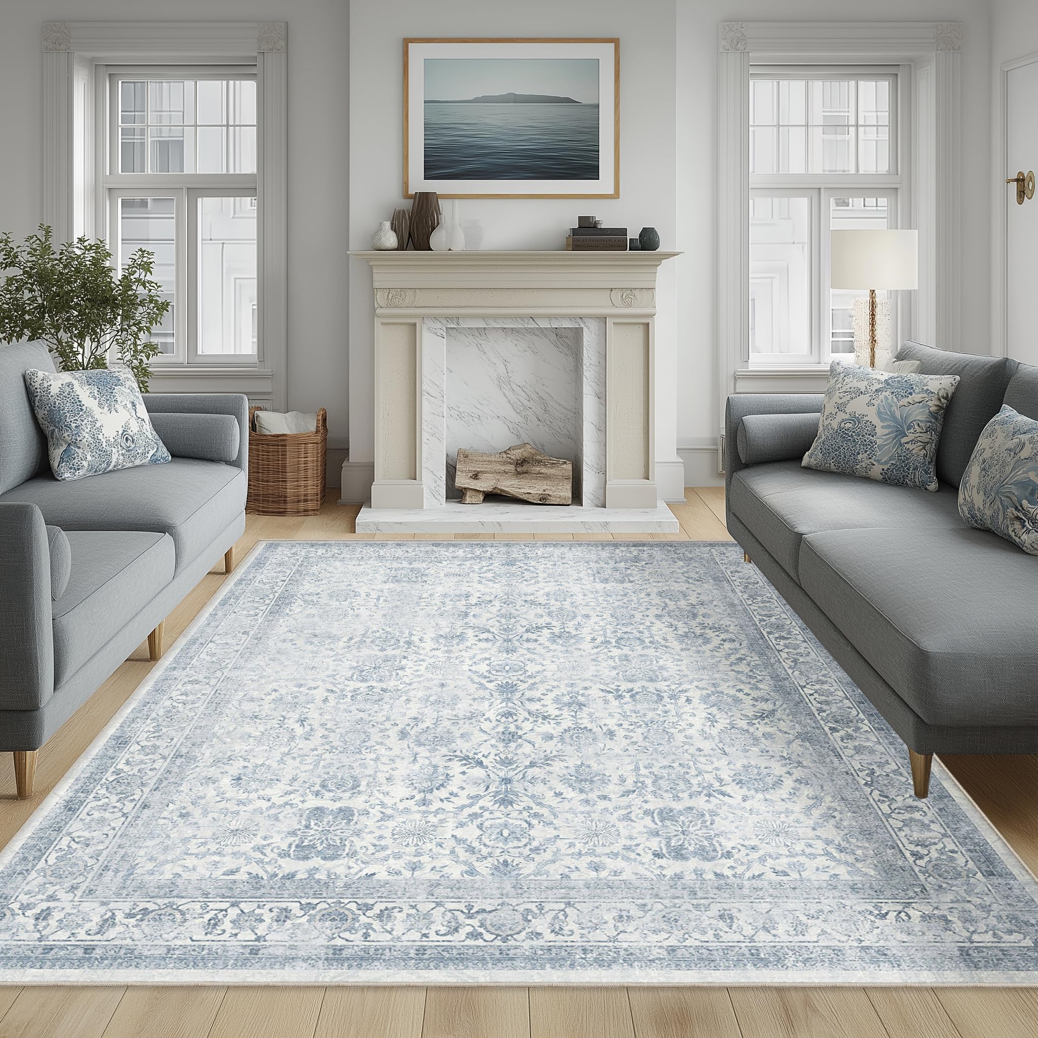 fmfunctex 6x9 washable area rug blue vintage neutral distressed large non slip carpet for living room bedroom soft low pile indoor mat retro floral throw rug for dining room kitchen office nursery
