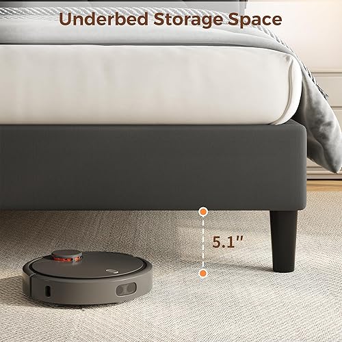 Miniatura 8 de Base de cama de terciopelo de tamaño matrimonial con cabecera ergonómica, plataforma tapizada con luz LED y estación de carga, soporte de listones