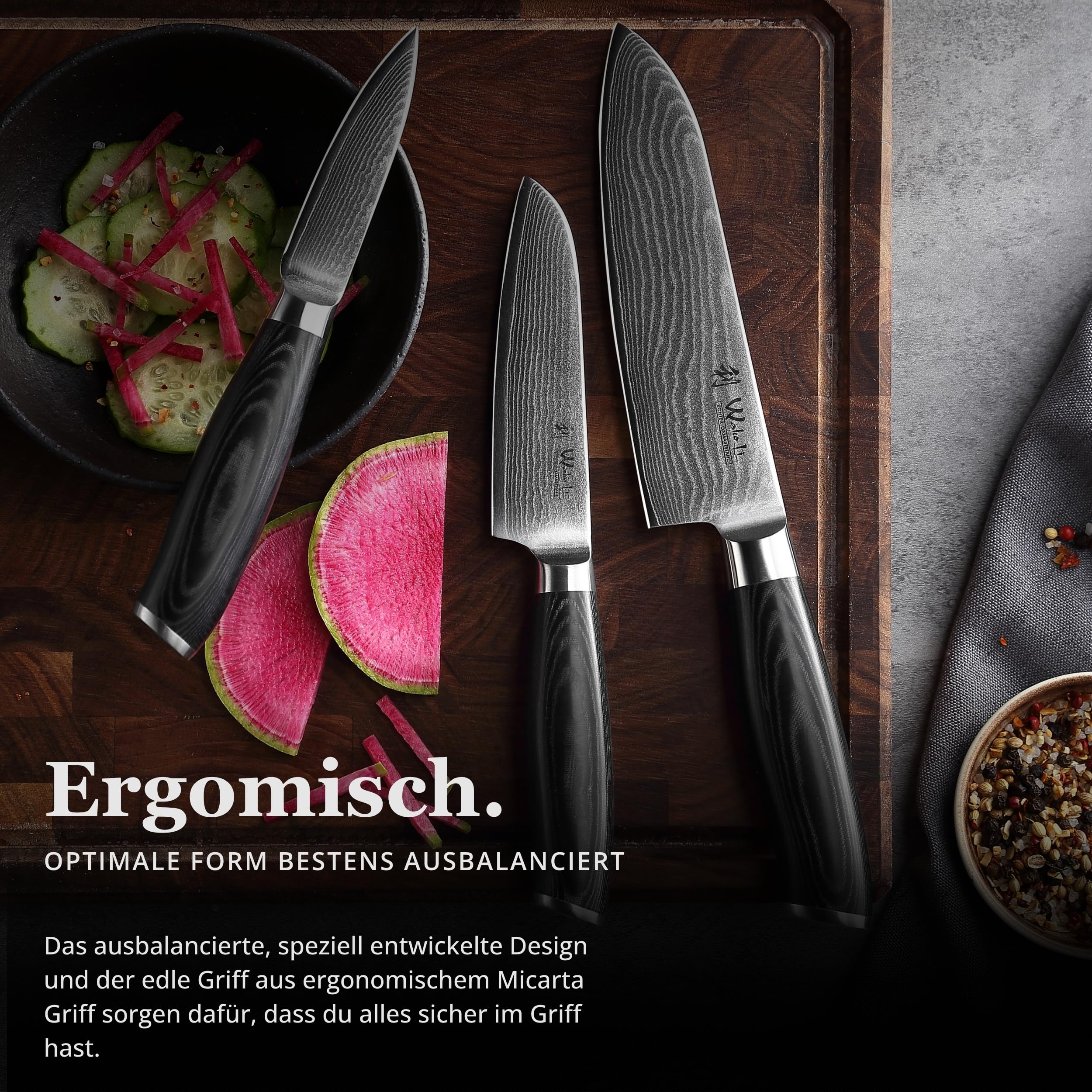 Wakoli Mikata 3-teiliges Messerset aus 67 Lagen Damaststahl mit VG10 Kern | Santoku, kleines Santoku und Officemesser; Micarta-Griffe, Geschenkbox, beidseitiger V-Schliff, für Fleisch, Fisch und Gemüse