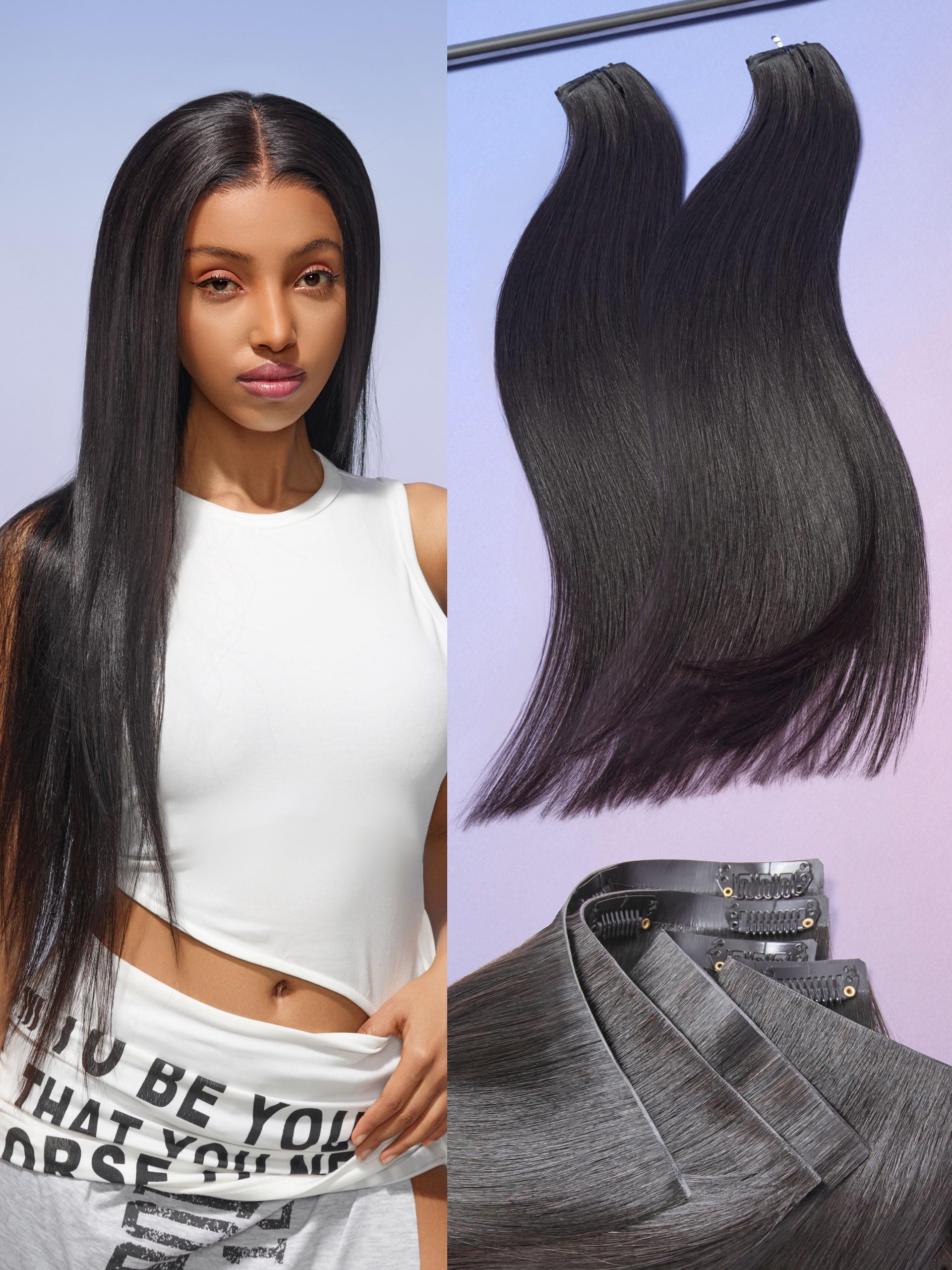 LUVME Invisible Clip in Hair Extensions,16 Inch 2 Pack 220g 12pcs Silky Straight Invisible Clip ins Hair Extensions Human Hair Natural Black Hair for