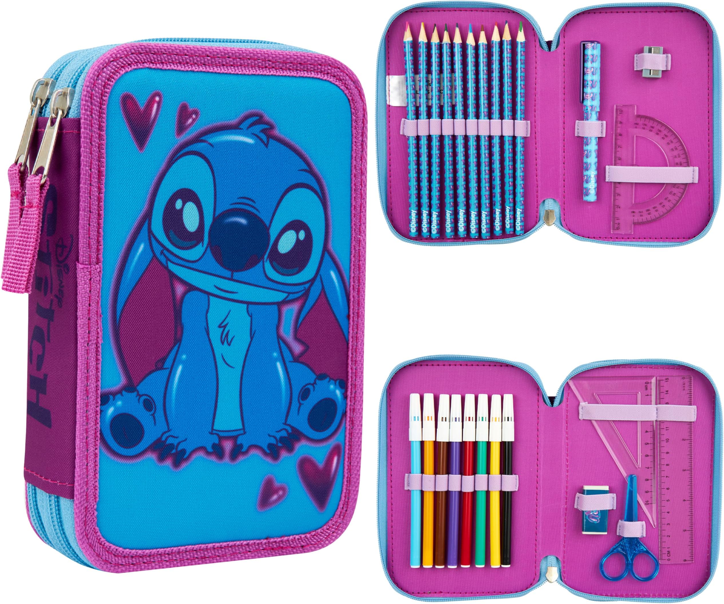 Disney Filled Pencil Case with Stationery for Kids, School Supplies Colouring Pencils, Markers - Gifts for Girls (Blue/Pink Stitch Double Zip)