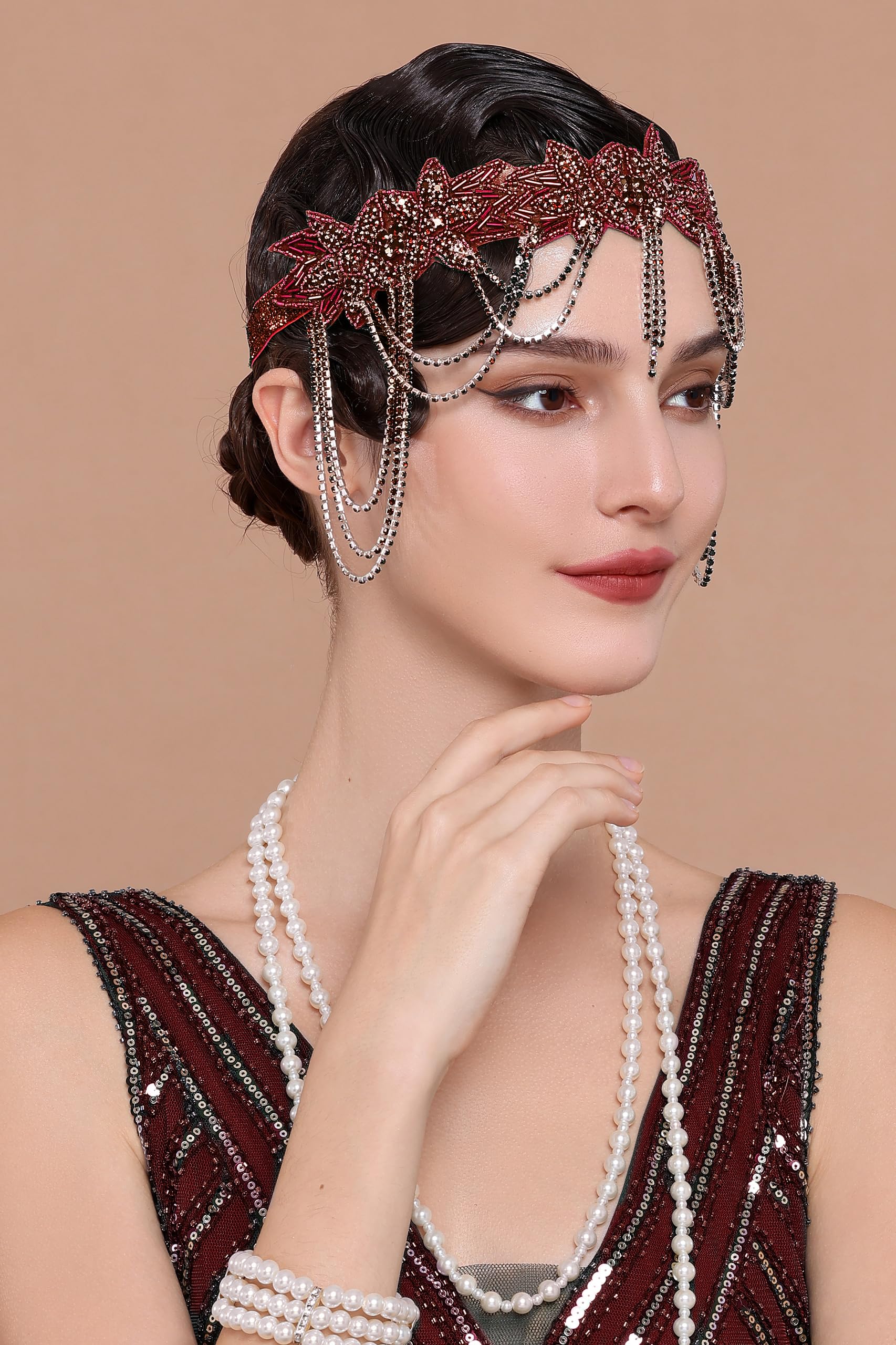 1920s Flapper Headpiece Beaded Chain Roaring 20s Gatsby Hair Accessory Amazon.com : BABEYOND 1920s Flapper Headpiece Roaring 20s  main image 3