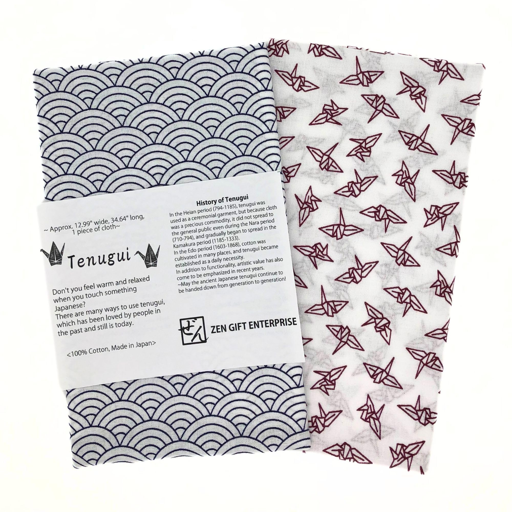 Tenugui Traditional Towel Made in Japan Fray Prevention 100% Cotton Eco Friendly Kitchen Towels Gift Wrapping Seigaiha Navy Blue on White with Orizuru Pattern Dark Red on White Set of 2 12.99"x34.64"