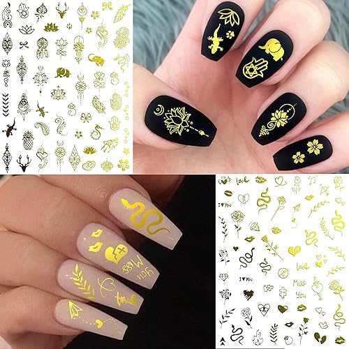 Miniatura 5 de COKTAK 6 hojas de calcomanías de arte de uñas doradas destellantes para mujer, calcomanías adhesivas 3D autoadhesivas 3D con purpurina y estrella de