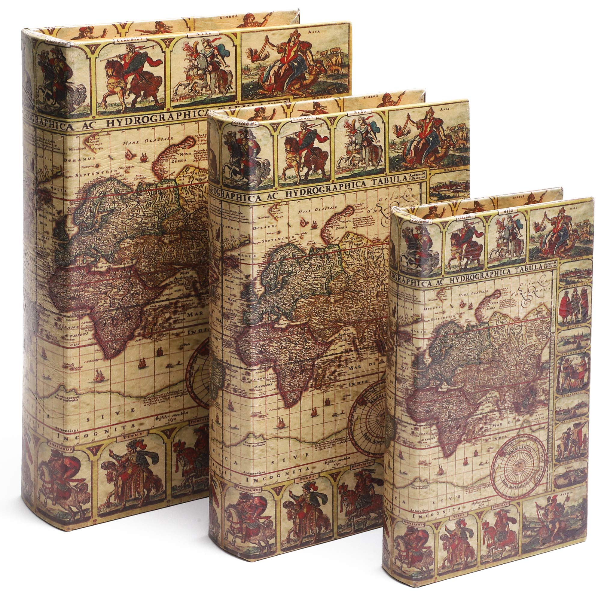 Juvale Fake Books Set, Decorative Books with Secret Compartment in Map Design (3-Piece)