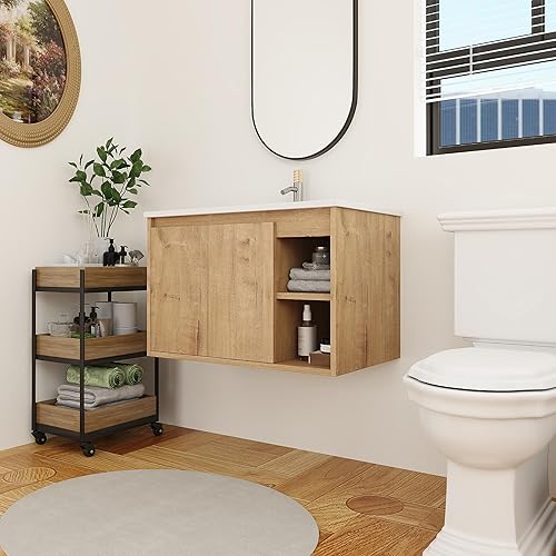 Miniatura 7 de Juego de tocador de baño de 30 pulgadas con lavabo, montado en la pared, 1 puerta y estante lateral derecho para espacios pequeños, tocador de baño