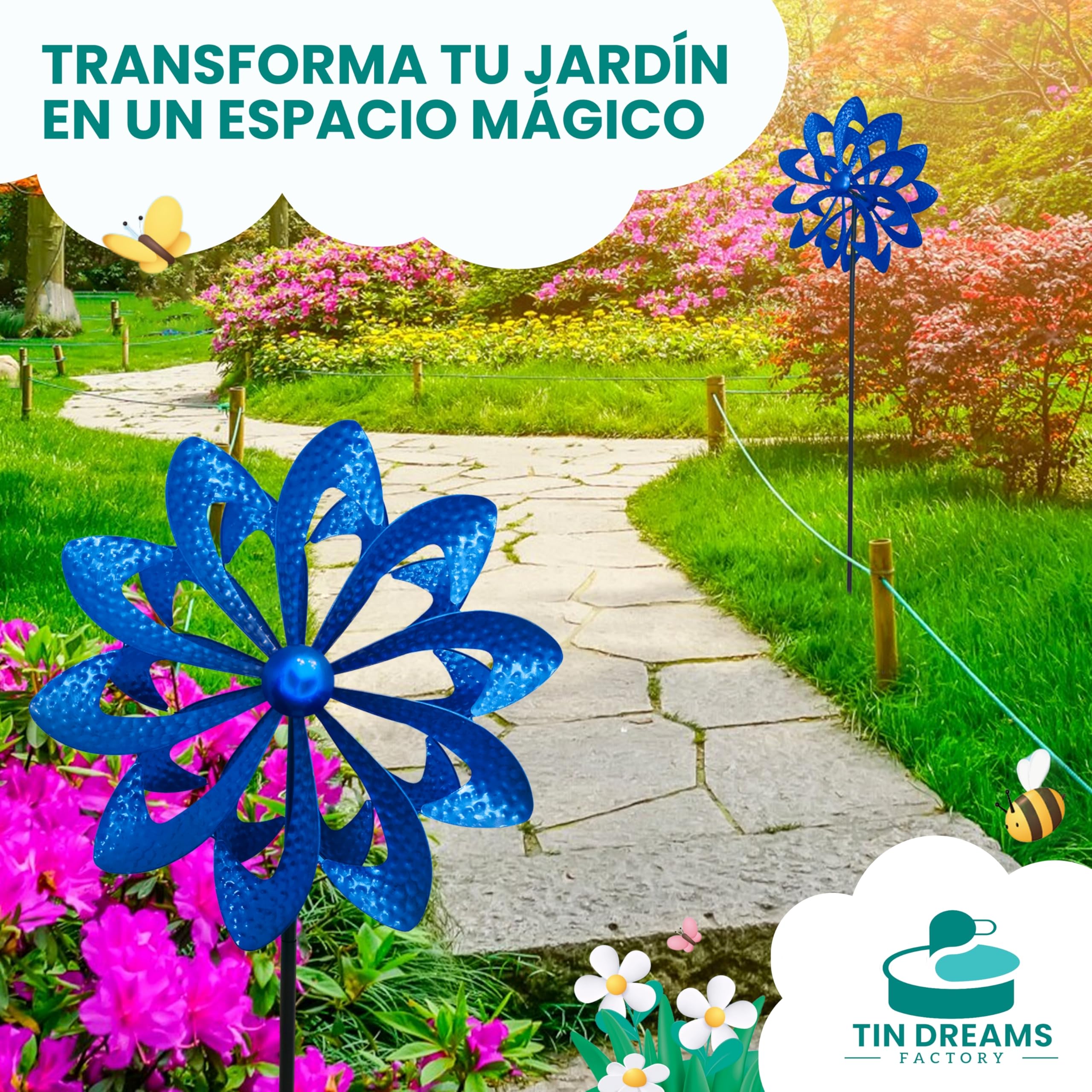 Molinillo de Viento - Decoración Jardín, Patio y Terraza - Molino de Metal Azul - Espantapajaros Exterior - Ahuyentador Palomas, Gaviotas - Repelente de Aves - Antipajaros