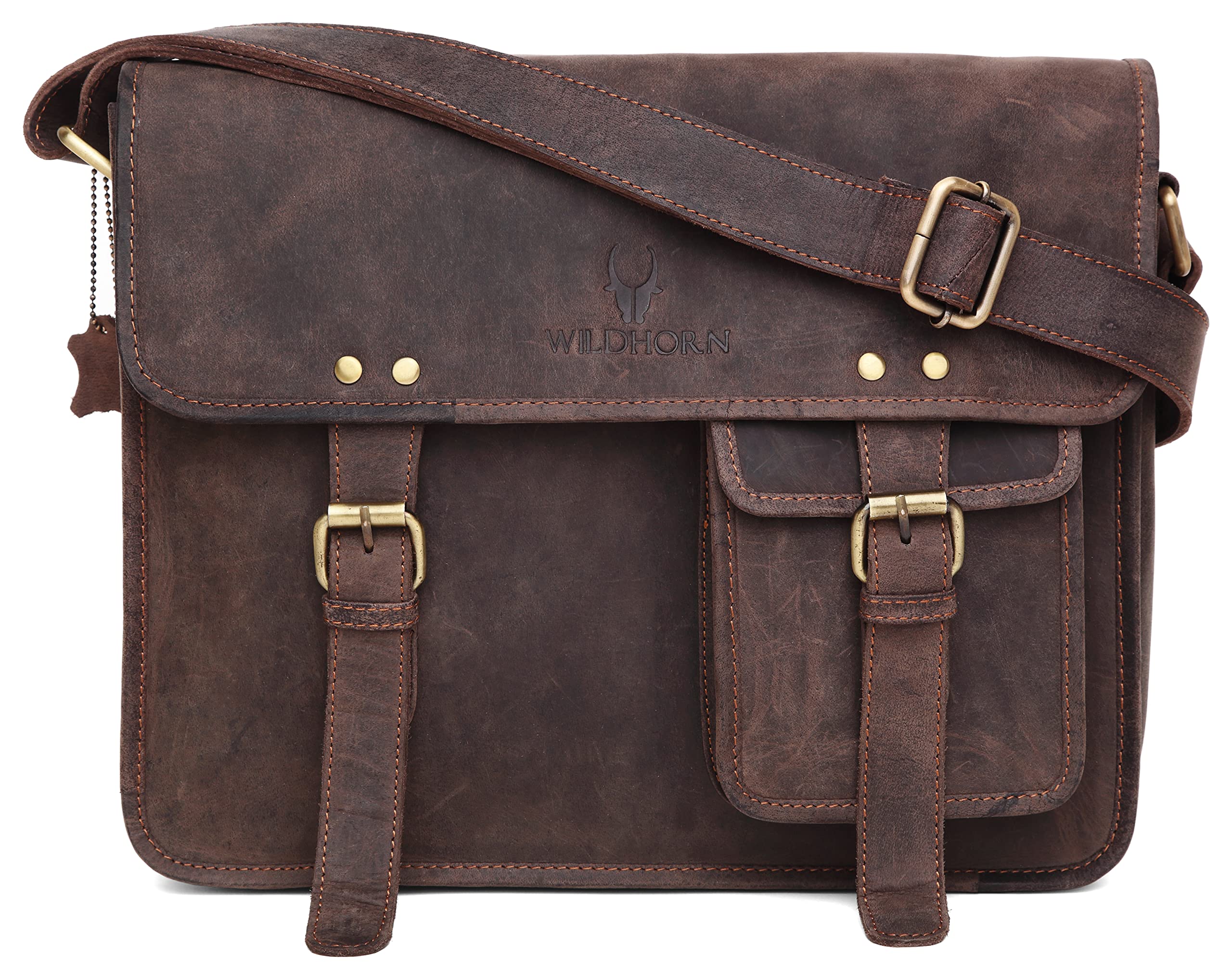 wildhorn Men's Genuine Leather Messenger Bag | Office Bag with Back Zip, Buckle Closure & Adjustable Strap | Fits 13" Laptop | 1-Year Warranty,Brown-picture-22