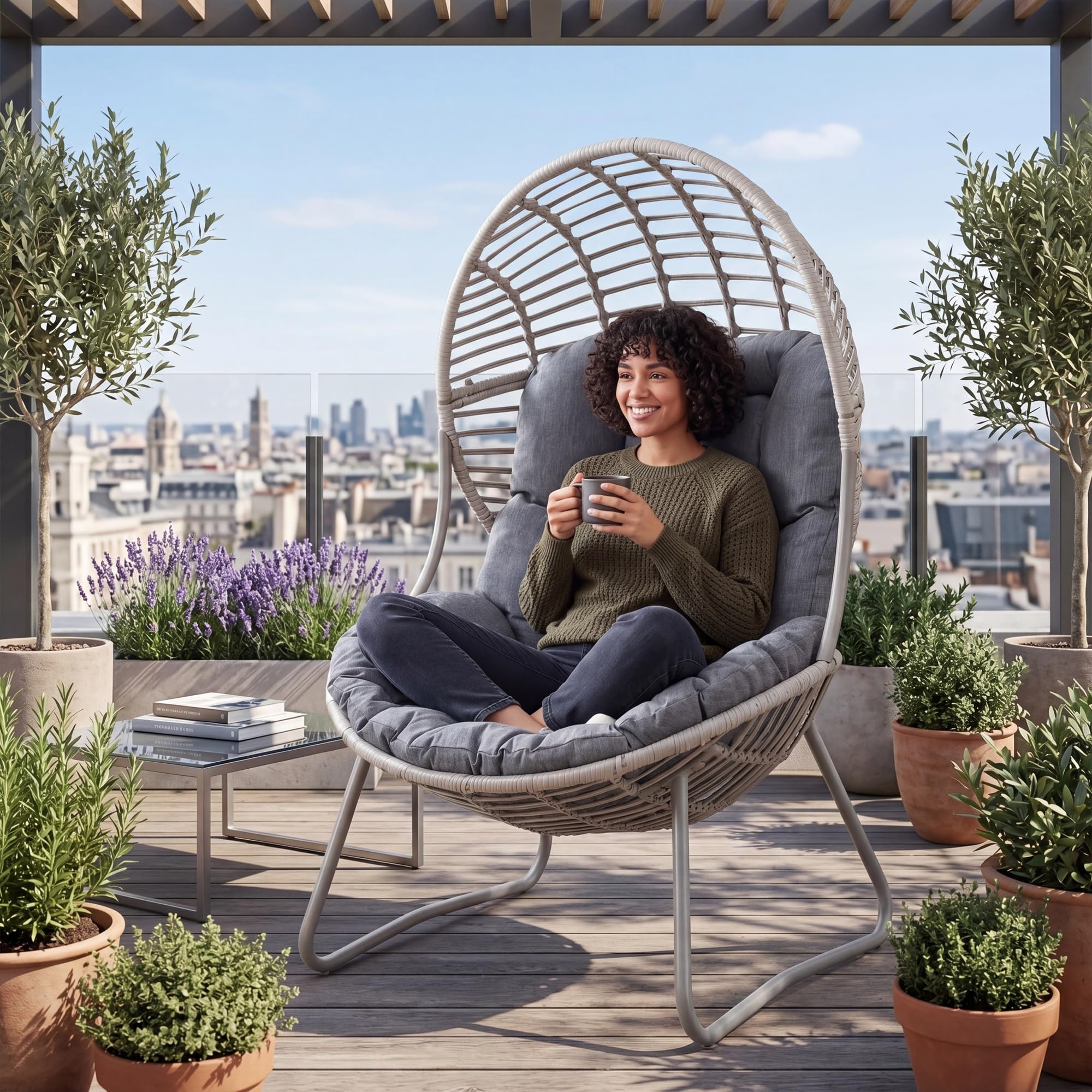 LIFEZEAL Poltrona da Esterno in Rattan PE, Poltrona a Forma di Uovo con Cuscino Rimovibile e Piedini Regolabili, Design Ergonomico, Sedia per Interno, Giardino, Balcone, 98 x 88,5 x 137,5 cm