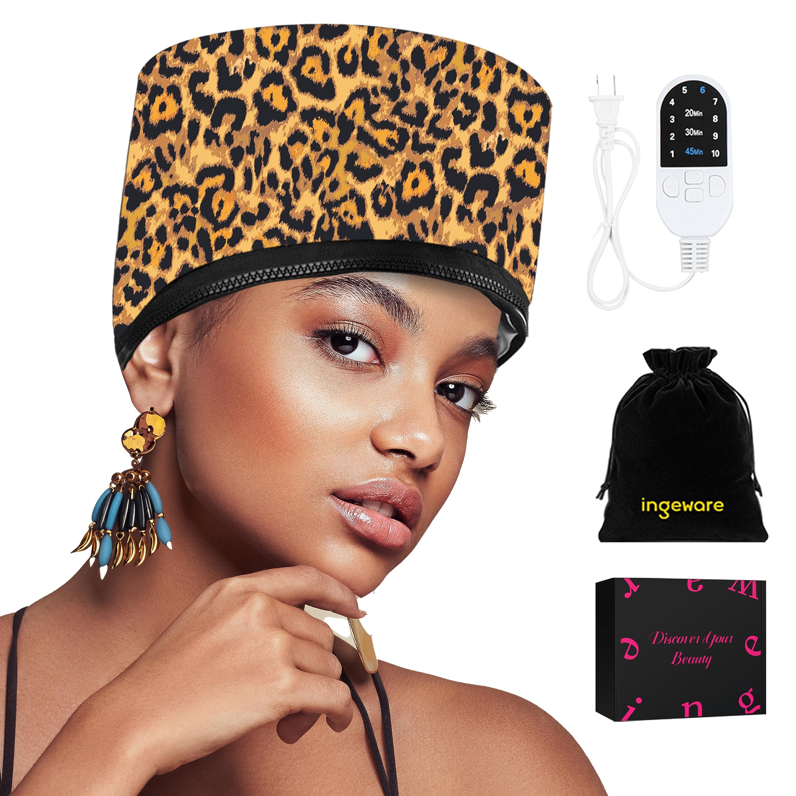 ingeware Heat Cap for Deep Conditioning, Thermal Cap for Hair Steamer Cap for Natural Hair Portable Electric Heat Hair Spa Cap for Home Use Pattern (Leopard Print 2)
