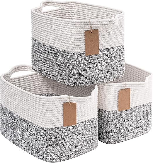 Goodpick Storage Baskets for Shelves, Woven Rope Basket for Storage, Baskets for Organizing, Nursery Cube Bins with Handles, Decorative Square Basket, 13 x 10 x 9 Inches, 3 Pack