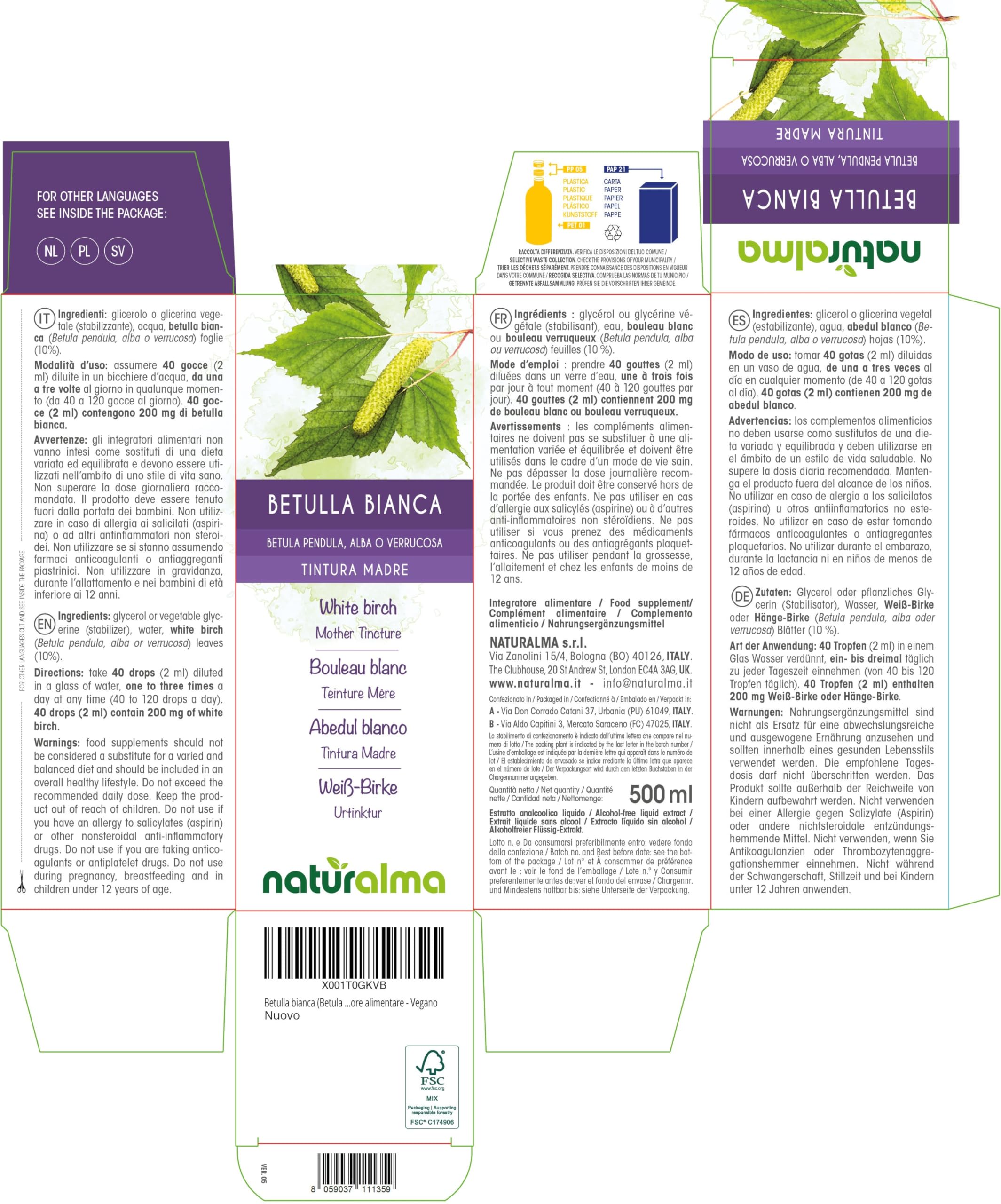 Abedul blanco (Betula pendula, alba o verrucosa) hojas Tintura Madre sin alcohol Naturalma - Extracto líquido gotas 500 ml - Complemento alimenticio - Vegano