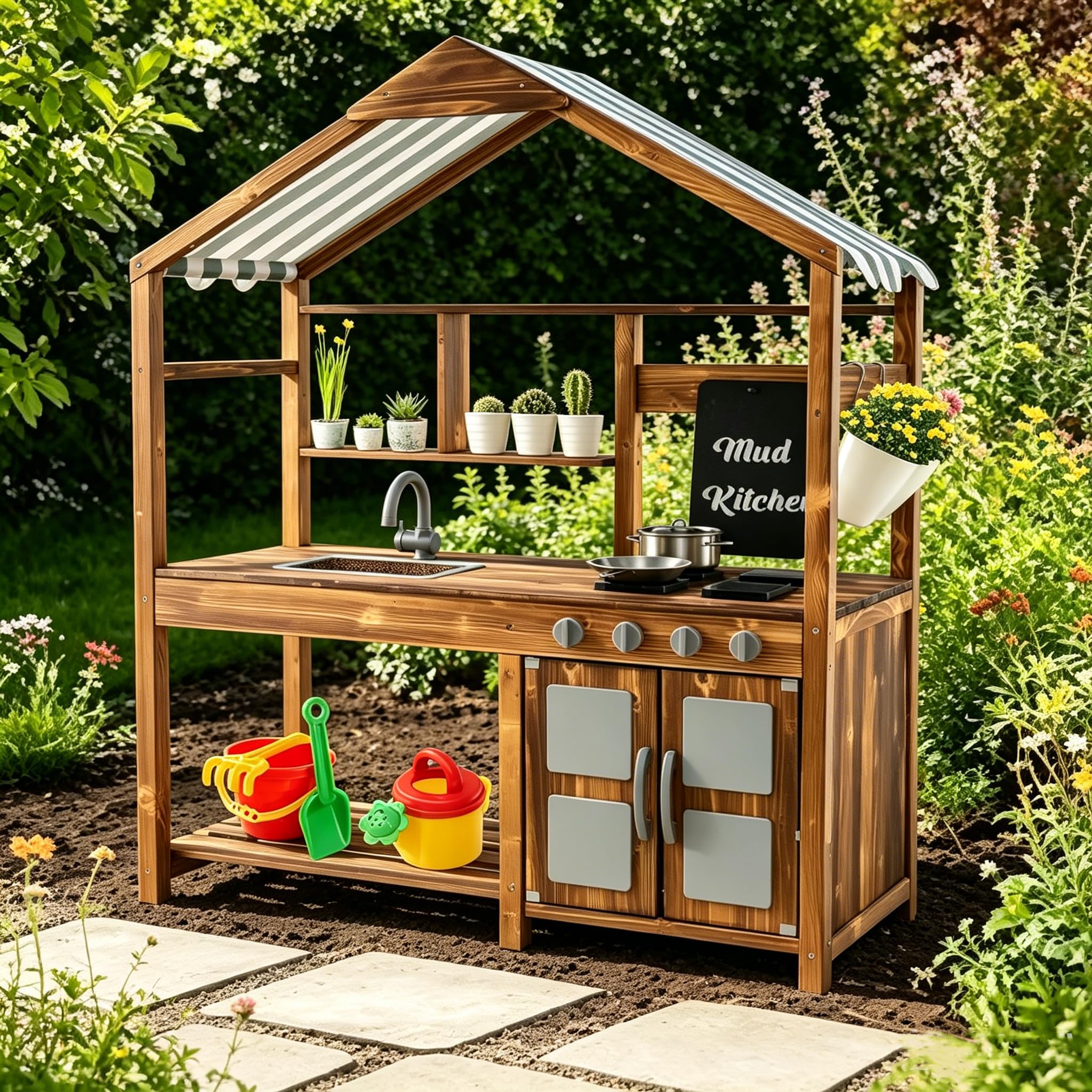 DREAMADE Matschküche Kinder Outdoor, Kinderküche mit Dach, Wasserhahn, Spülbecken, Herd, Tafel & Blumentöpfen, Spielküche aus Tannenholz, Outdoor Küche mit Zubehör für Jungen & Mädchen ab 3 Jahren