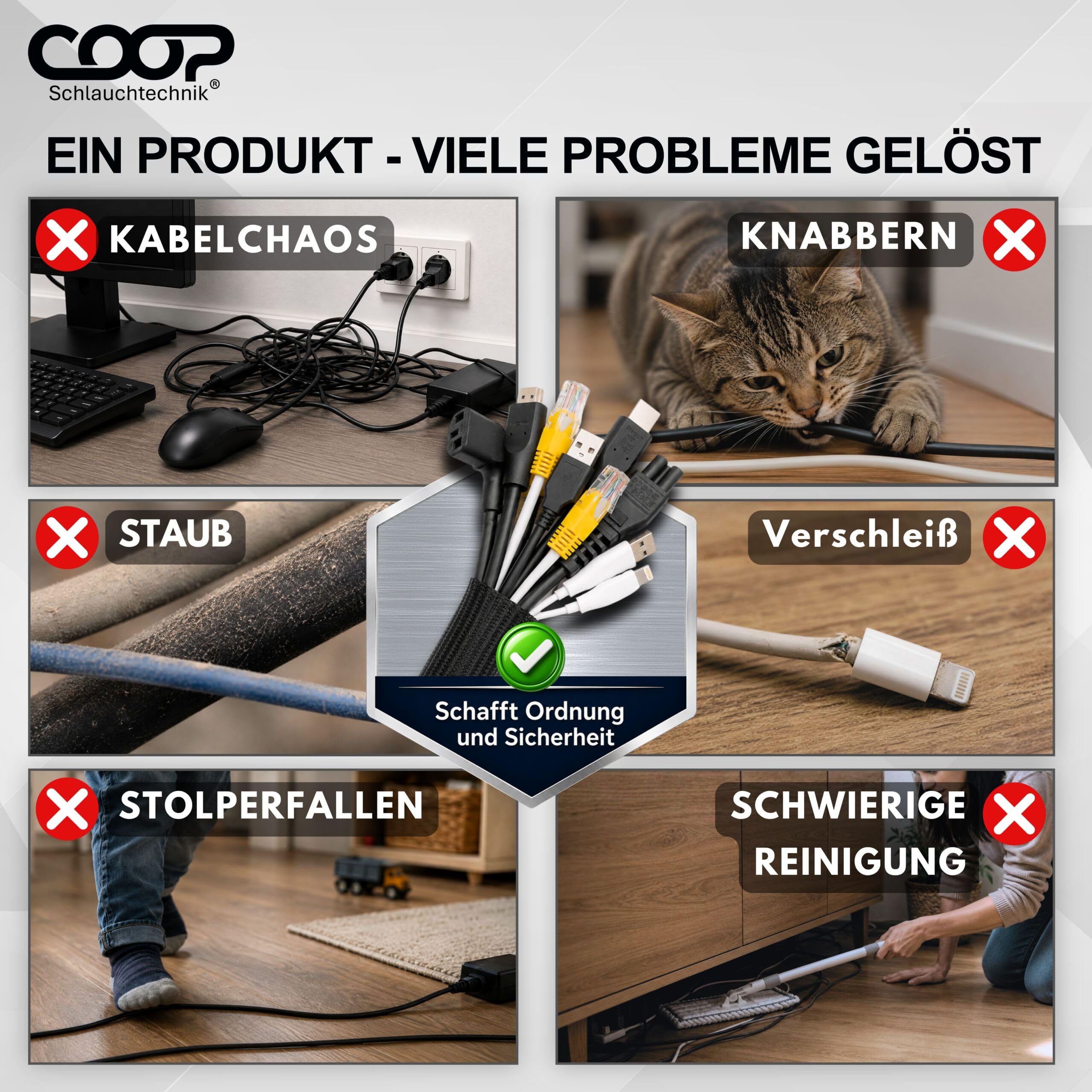 COOP Gaine de câble Ø 32 mm x 8 m Noir – Tuyau en tissu autobloquant – Protection de câble découpable – Goulotte flexible – Gestion des câbles pour TV, ordinateur, home cinéma, véhicule et bureau