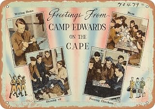 7 x 10 METAL SIGN - Massachusetts Postcard - Greetings from Camp Edwards on the Cape - Vintage Rusty Look