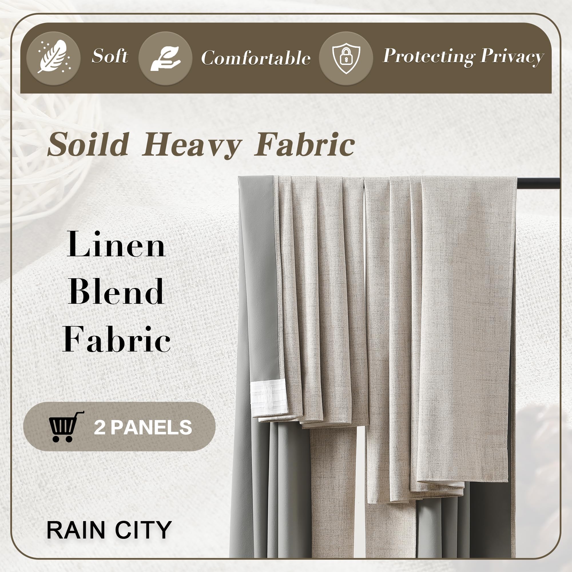 RAIN CITY Cortinas opacas de lino beige para dormitorio, 84 pulgadas de largo, 50 pulgadas de ancho, 2 unidades | Cortinas transversales estéticas de mezcla de lino con bloqueo de calor y frío para sala de estar, tela suave de poliéster