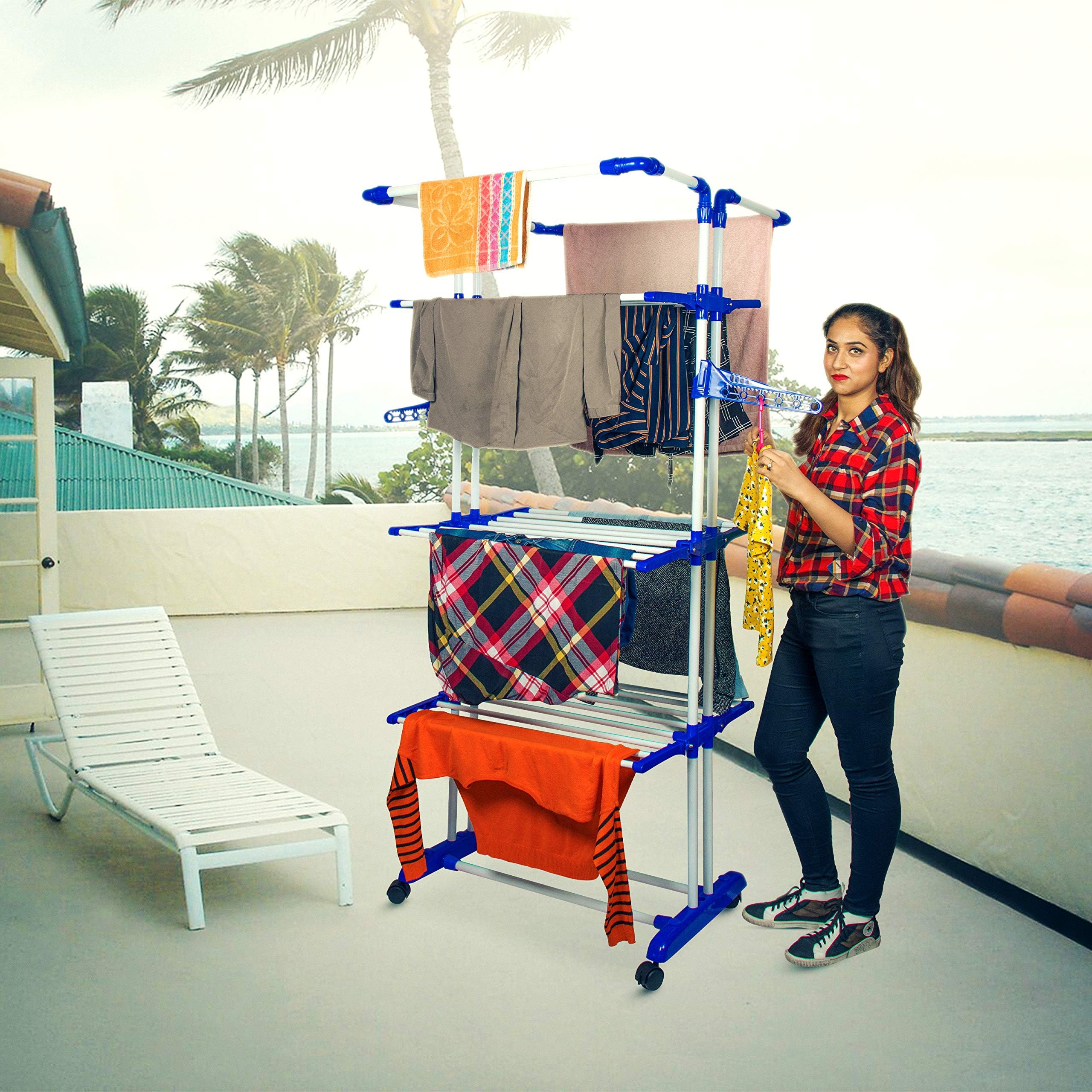 PARASNATH 3 Poll -Blue Colour Steel Clothes Drying Stand With Breaking Wheel System Drying Rack (Stainless Steel)