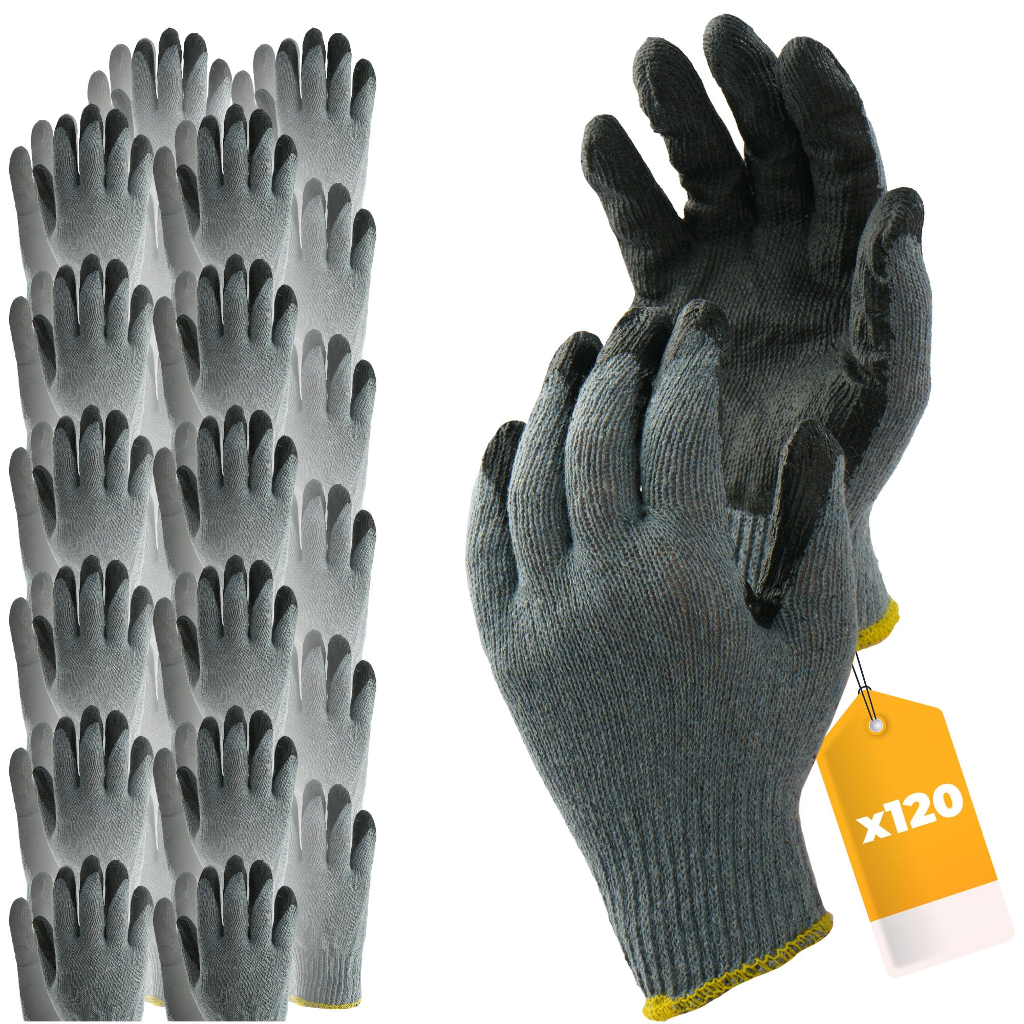 Rękawce Robocze Szaro-Czarne Rozmiar 9(L) ZESTAW 120 Par Solidne Rękawiczki z Powłoką Lateksową Wytrzymałe i Wygodne z Dzianiny Bawełnianej Unisex Odporne na Ścieranie