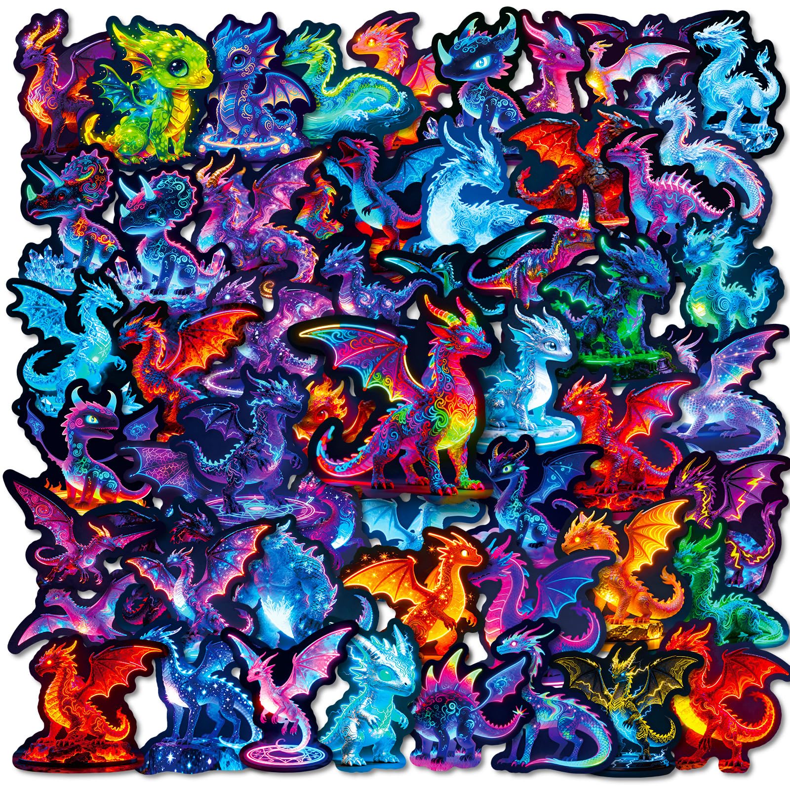 56Pcs Cool Neon Dragon Stickers Pack, Prizes for Kids Classroom Reward, Waterproof Vinyl Dragon Stickers for Water Bottles Laptop Skateboard Scrapbooking Journaling Notesbook Luggage etc
