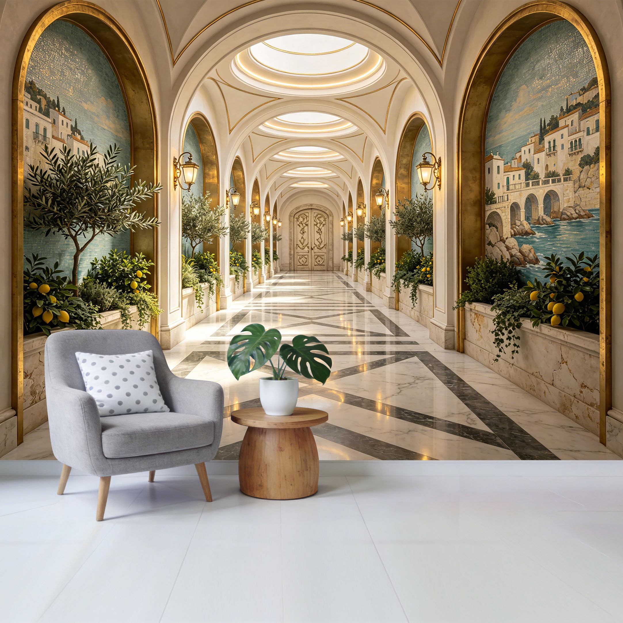 Custom Size Wall Mural Mediterranean Coastal Landscape Lemon Tree Archway Removable Self Adhesive Fabric，Home Wall Decor for Living Room Bedroom Bathroom