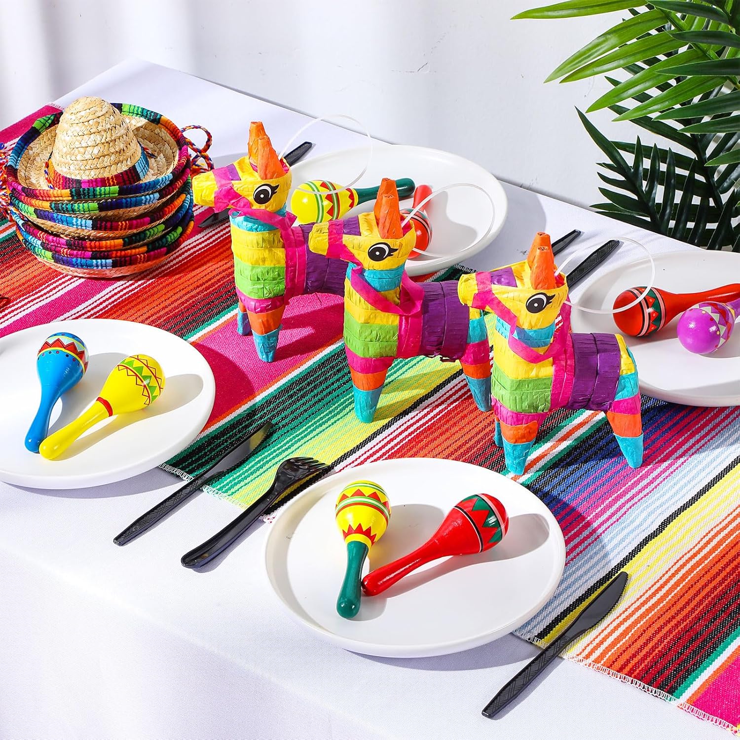 Hungdao 36 Pcs Mexican Decorations Include 6 Donkey Pinatas 12 Large Fiesta Maracas 6 Mexican Sombrero Hats 6 Mexican Serape Table Runners 6 Mexican Banners for Mexican Decorations Favors