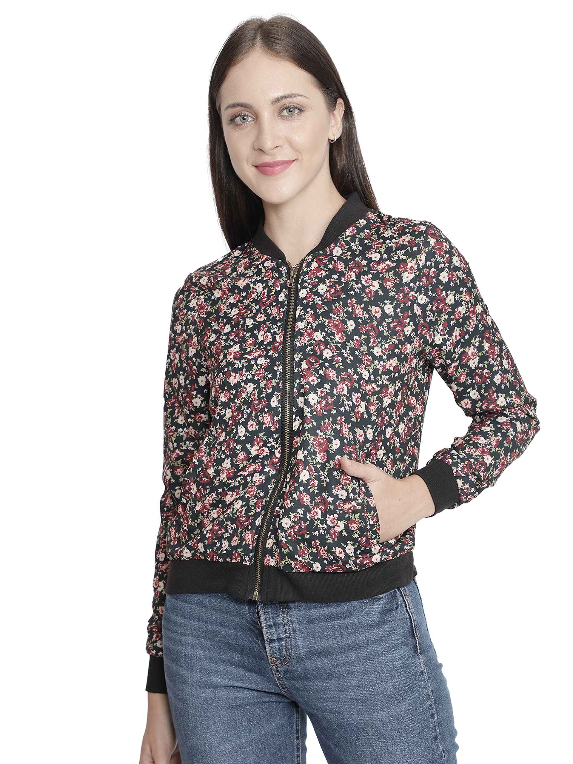 NUEVOSDAMAS Women Standard Length Polyester Floral Printed Bomber Jacket