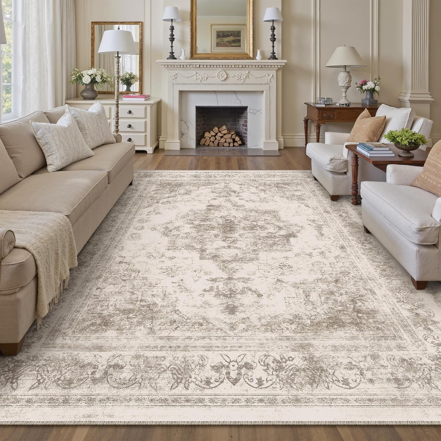 Area Rug 8x10 Beige Washable Living Room Carpet Non Slip Vintage Medallion Indoor Bedroom Carpet Low Pile Soft Retro Distressed Large Rug Home Office Dining Room Playroom 8' x 10' (Rectangular) Distressed | Beige