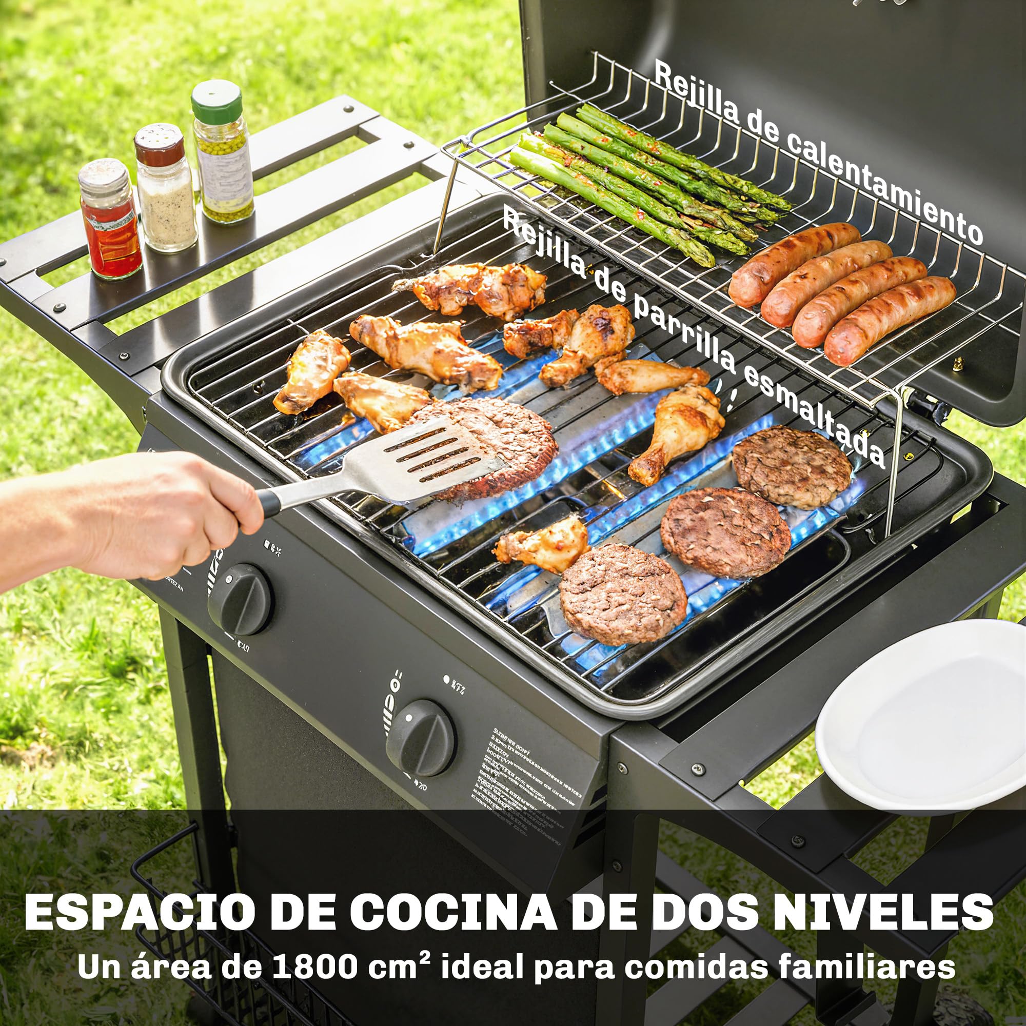 Outsunny Barbacoa de Gas BBQ Gas con 2 Quemadores 5 kW, Barbacoa Portátil con Termómetro, Mesas Laterales, Estante, Rejilla Calentadora, Encendido Piezoeléctrico, Bandeja de Grasa y 2 Ruedas, Negro