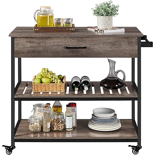 Yaheetech Kitchen Island on Wheels with Storage Drawer & Shelves, 3-Tier Utility Kitchen Cart with Towel Rack & Lockable Wheels for Dining Room, 40 x 20 x 36 inches, Taupe Wood