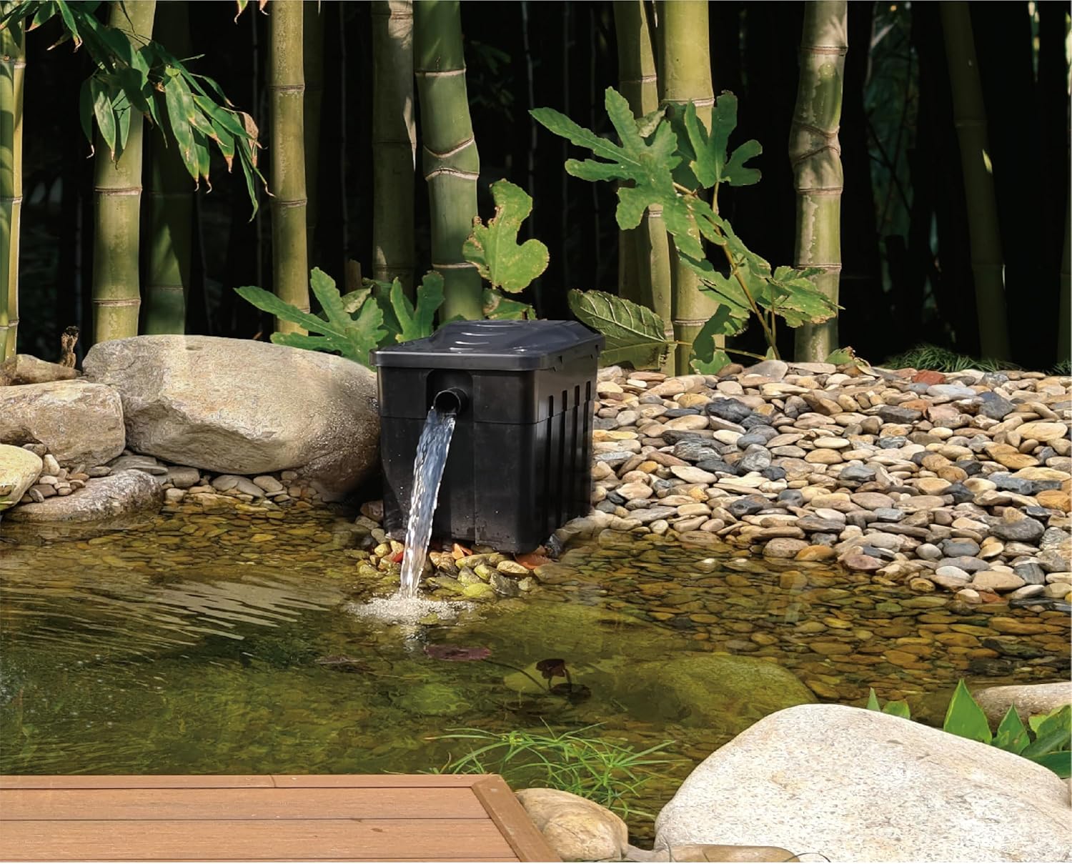 MNP FB100 Pond Filter Box for use with all our solar waterfall pond pump kits with four layers of filter media. Create a combination of filtration and a lovely waterfall for your pond.